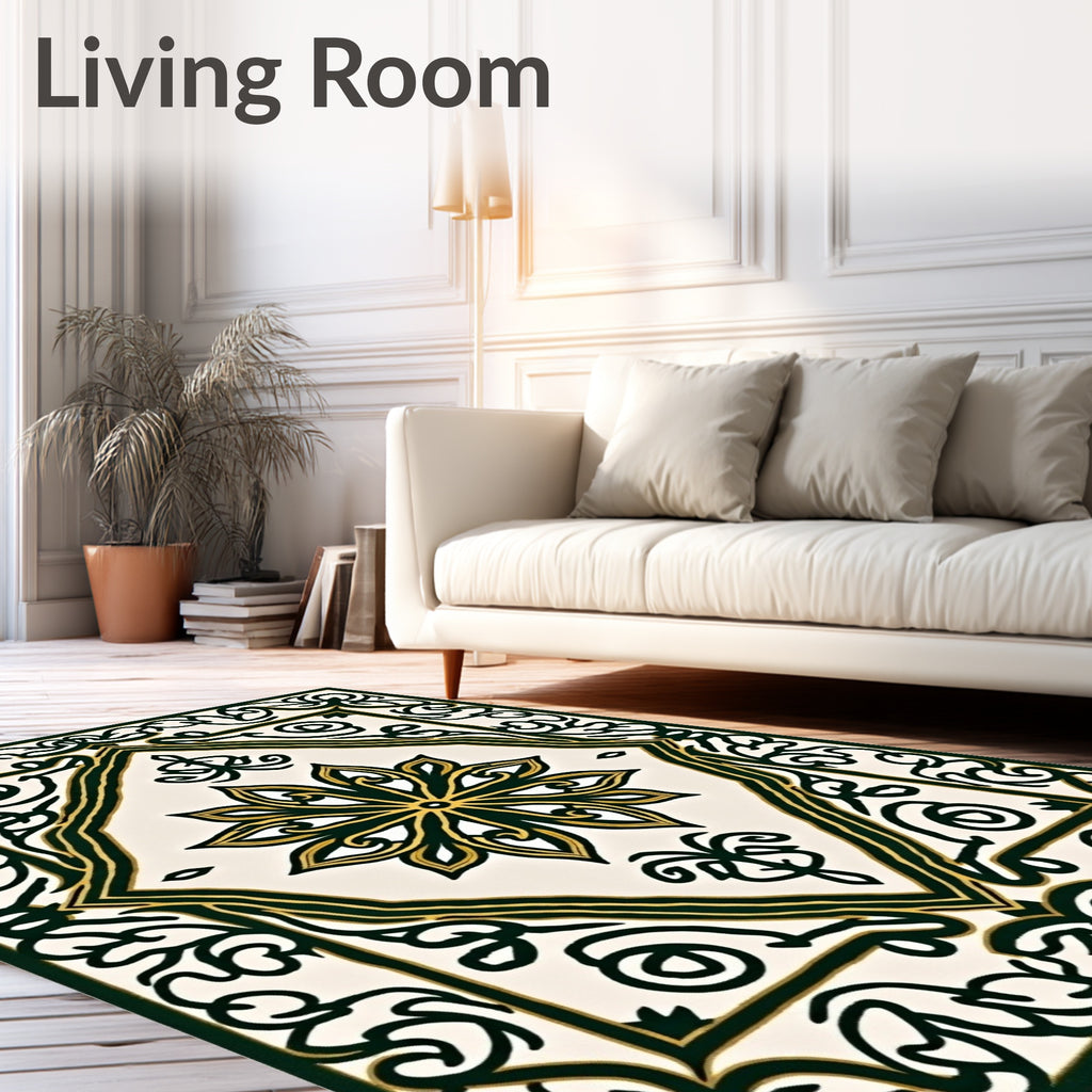 Bold Emerald Golden Floral Frame Rug