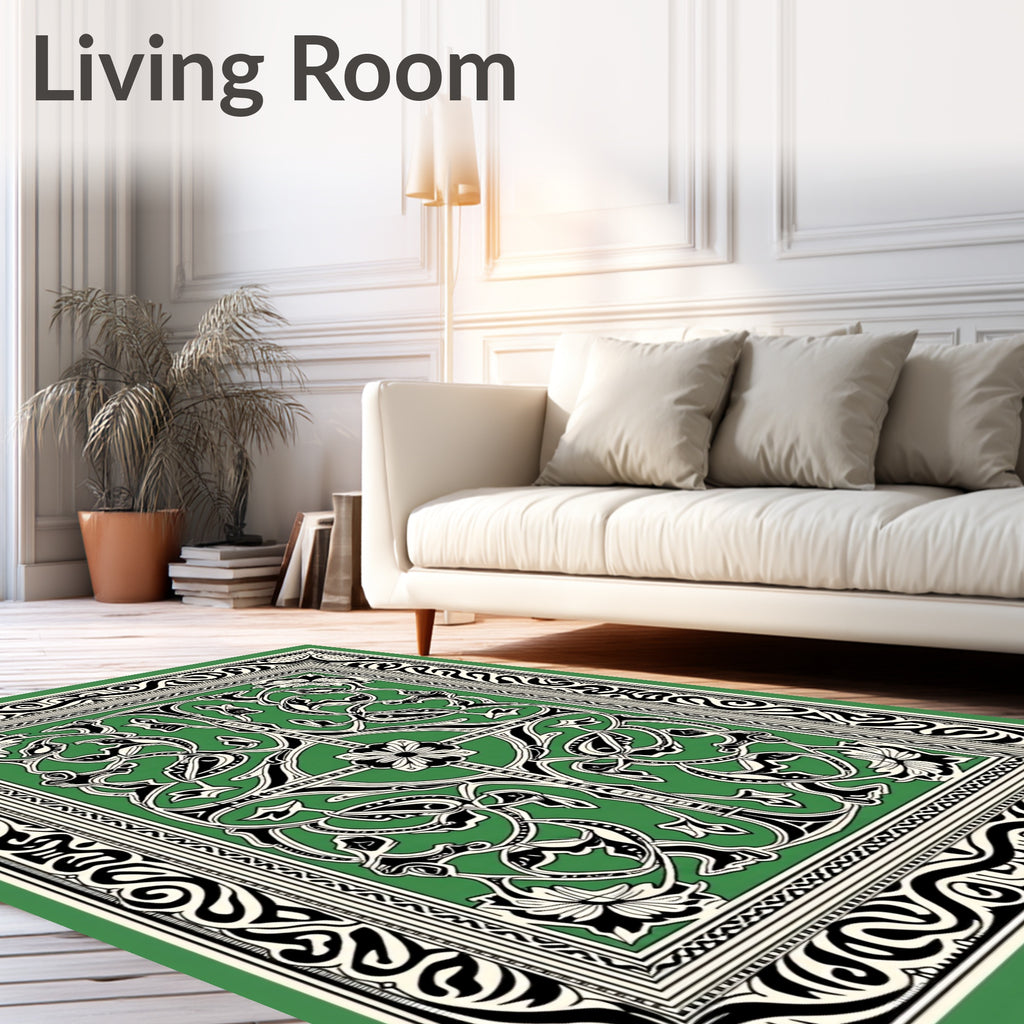 Emerald Green Floral Scroll Border Rug