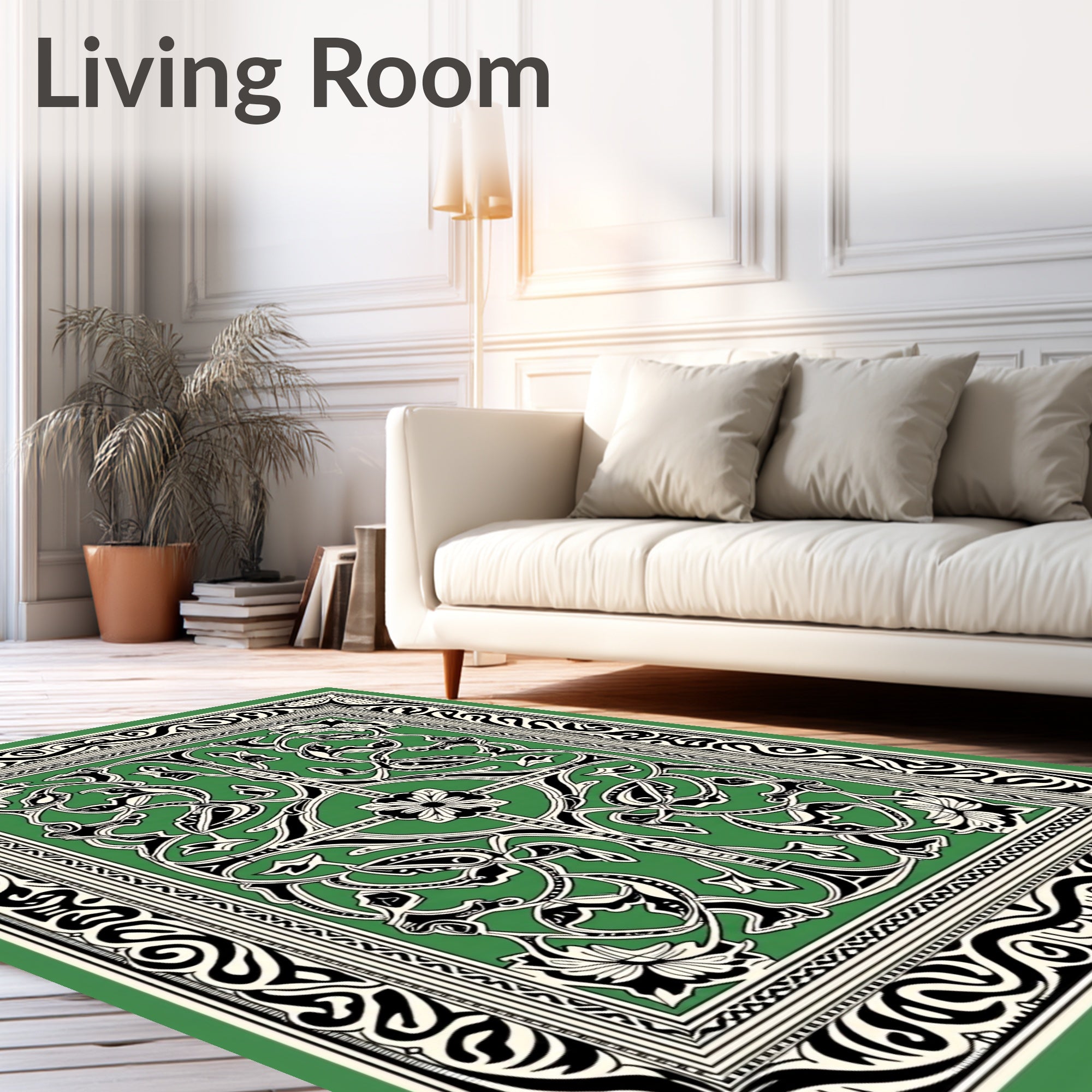 Emerald Green Floral Scroll Border Rug