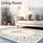 Ivory Blue Floral Scroll Border Rug