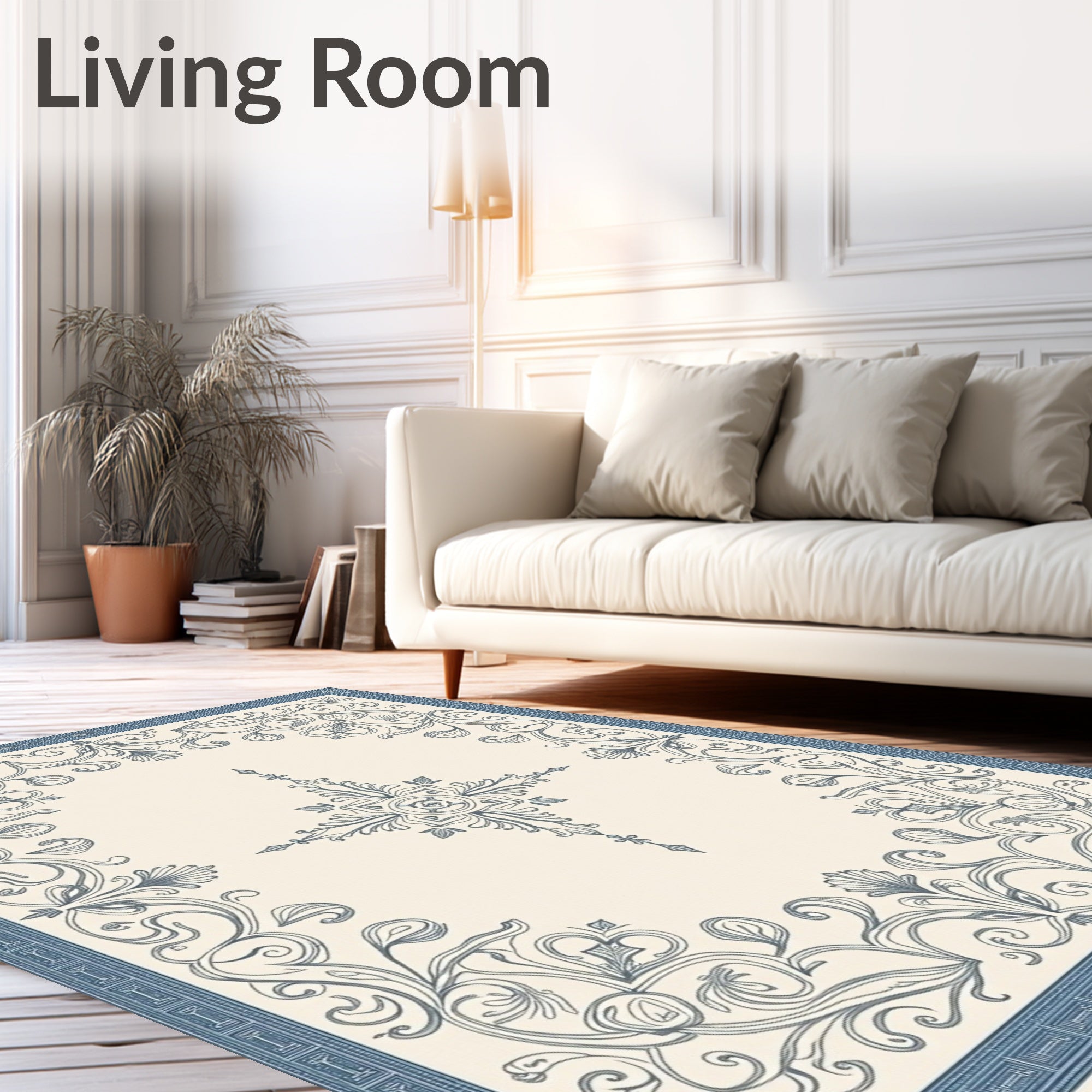 Ivory Blue Floral Scroll Border Rug
