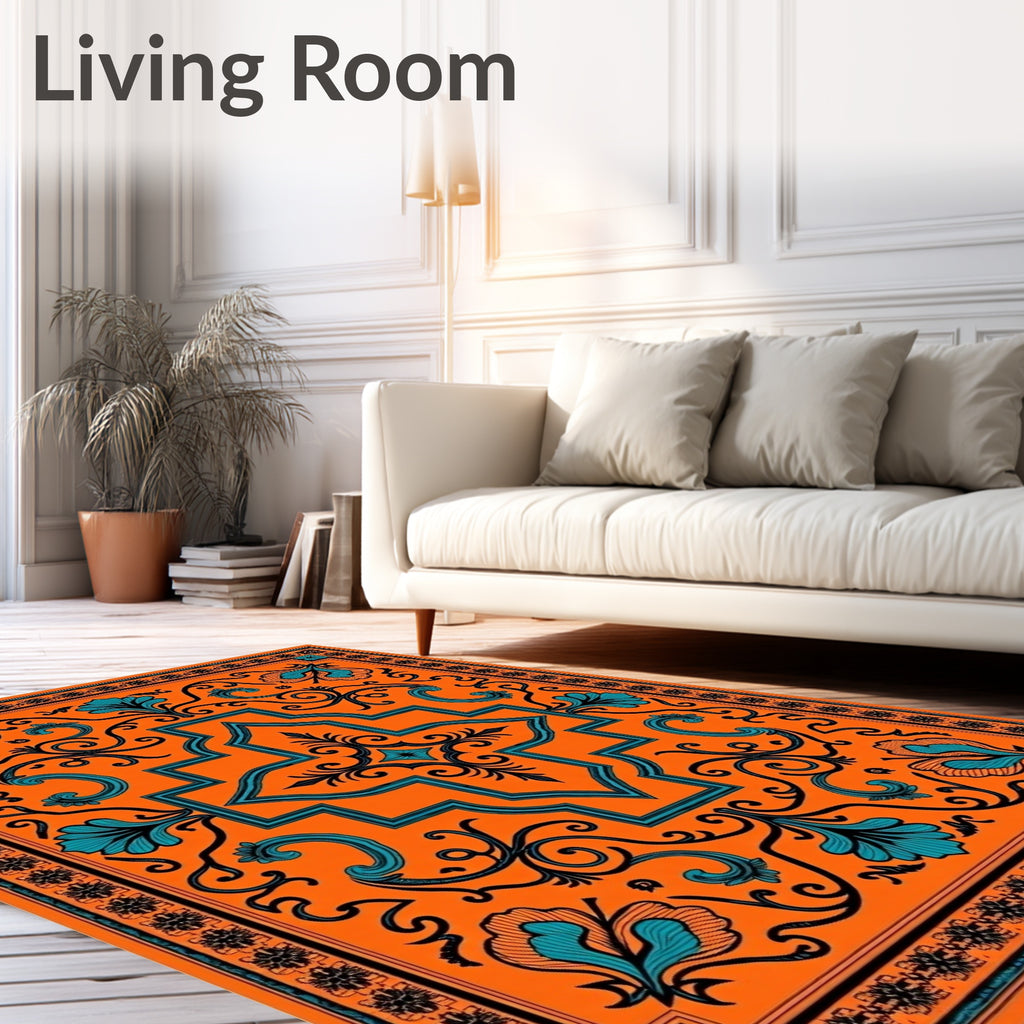 Vibrant Teal Floral Medallion Orange Rug