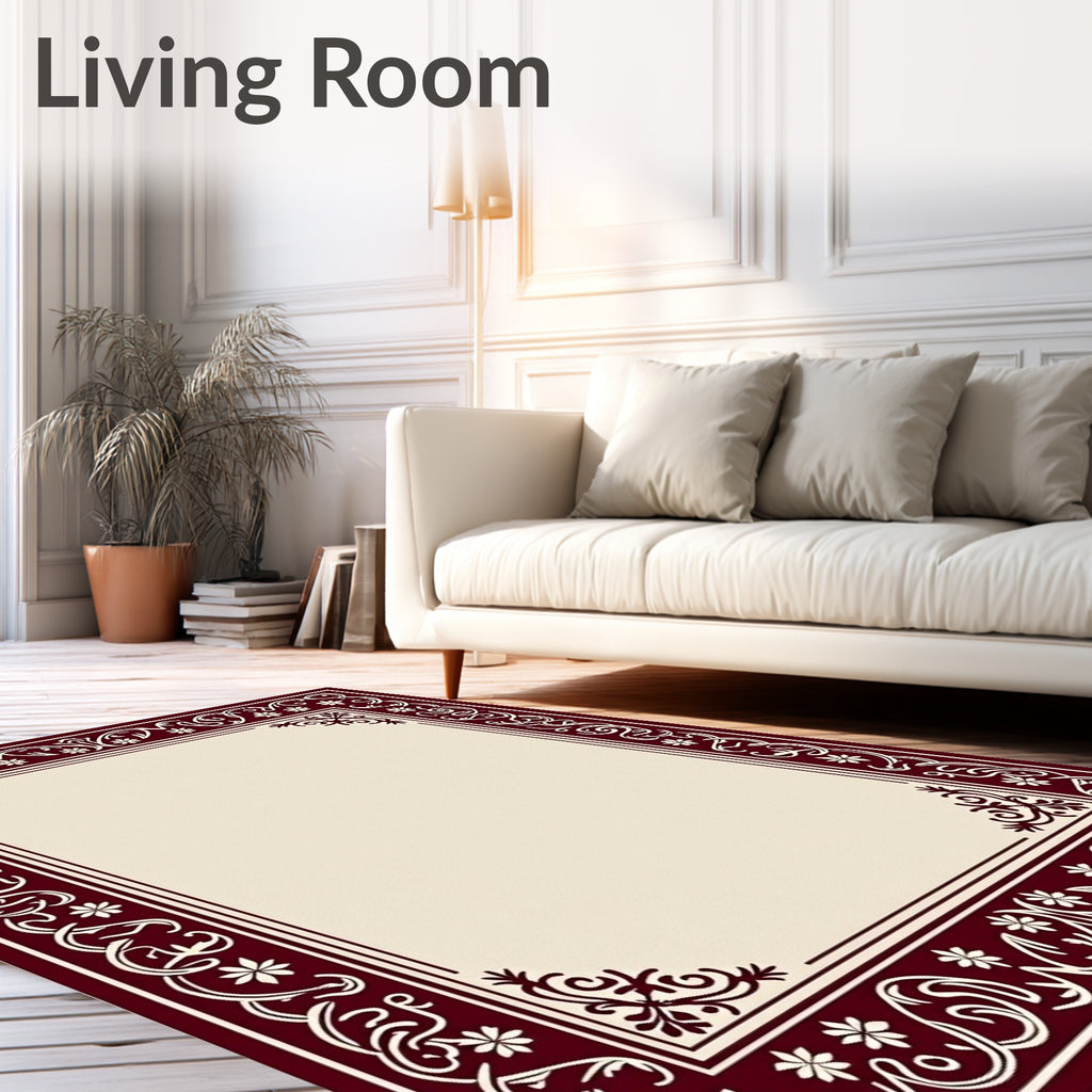 Crimson Floral Vine Scroll Border Rug