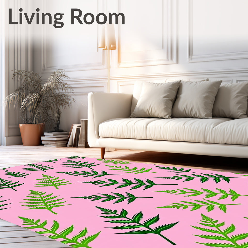 Green Fern Leaves on Pink Background Rug
