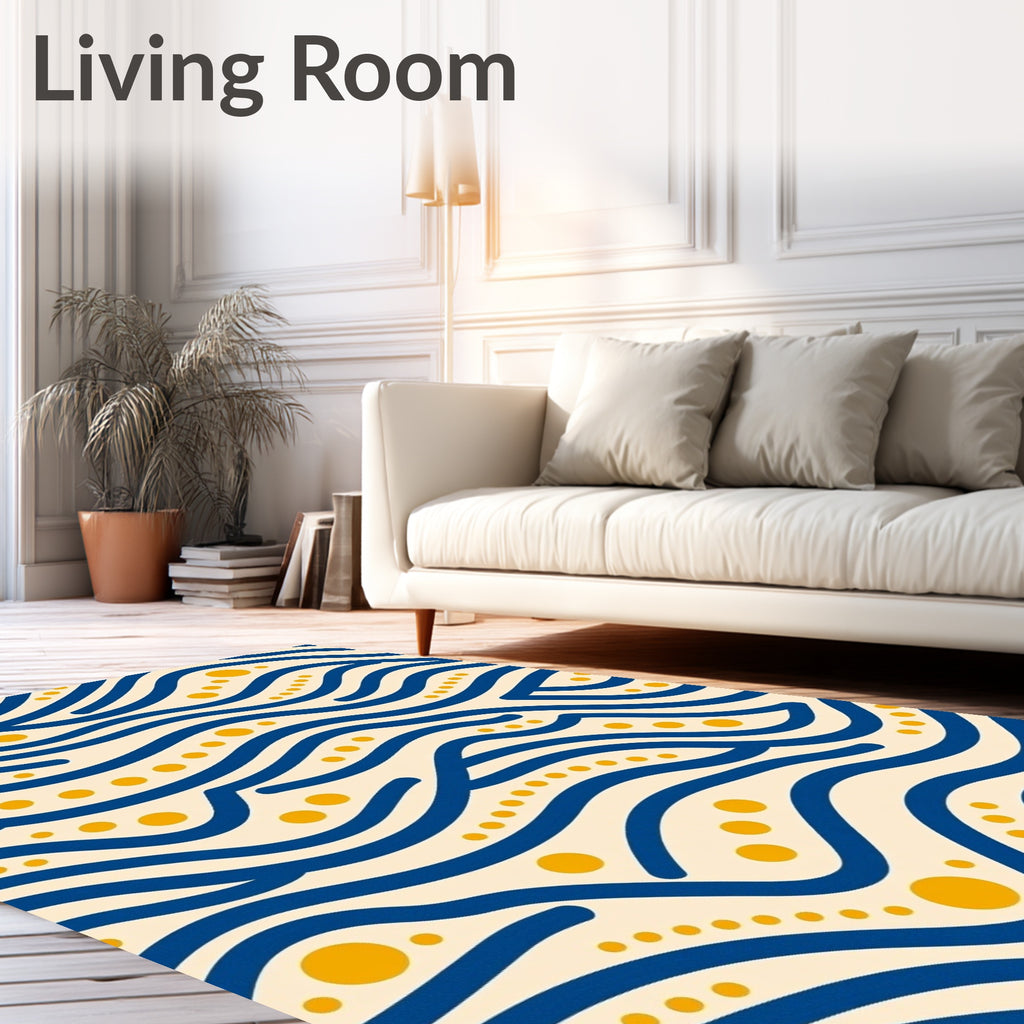 Navy Blue Golden Wave Dots Rug