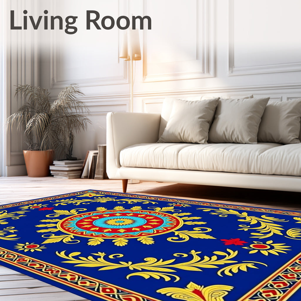 Royal Blue Sunburst Floral Medallion Rug