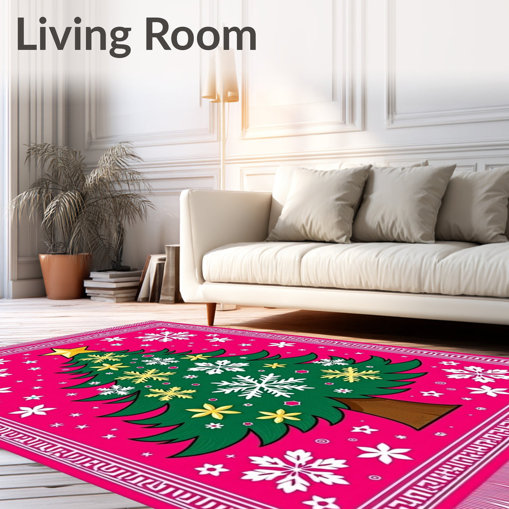 Pink Christmas Tree Snowflake Border Rug