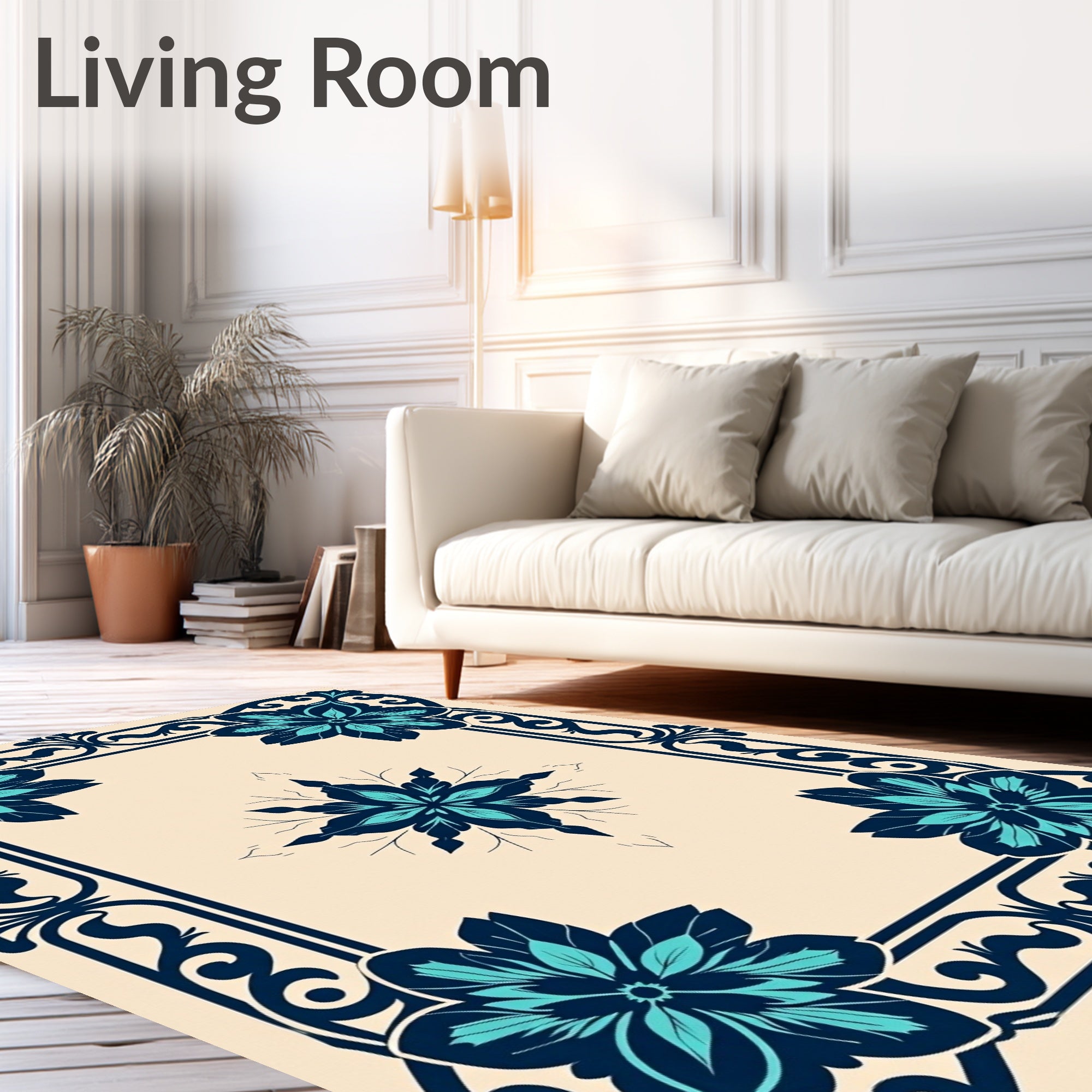 Deep Teal Floral Scrollwork Square Rug