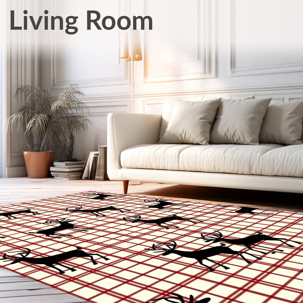 Cream Red Plaid Deer Silhouette Rug