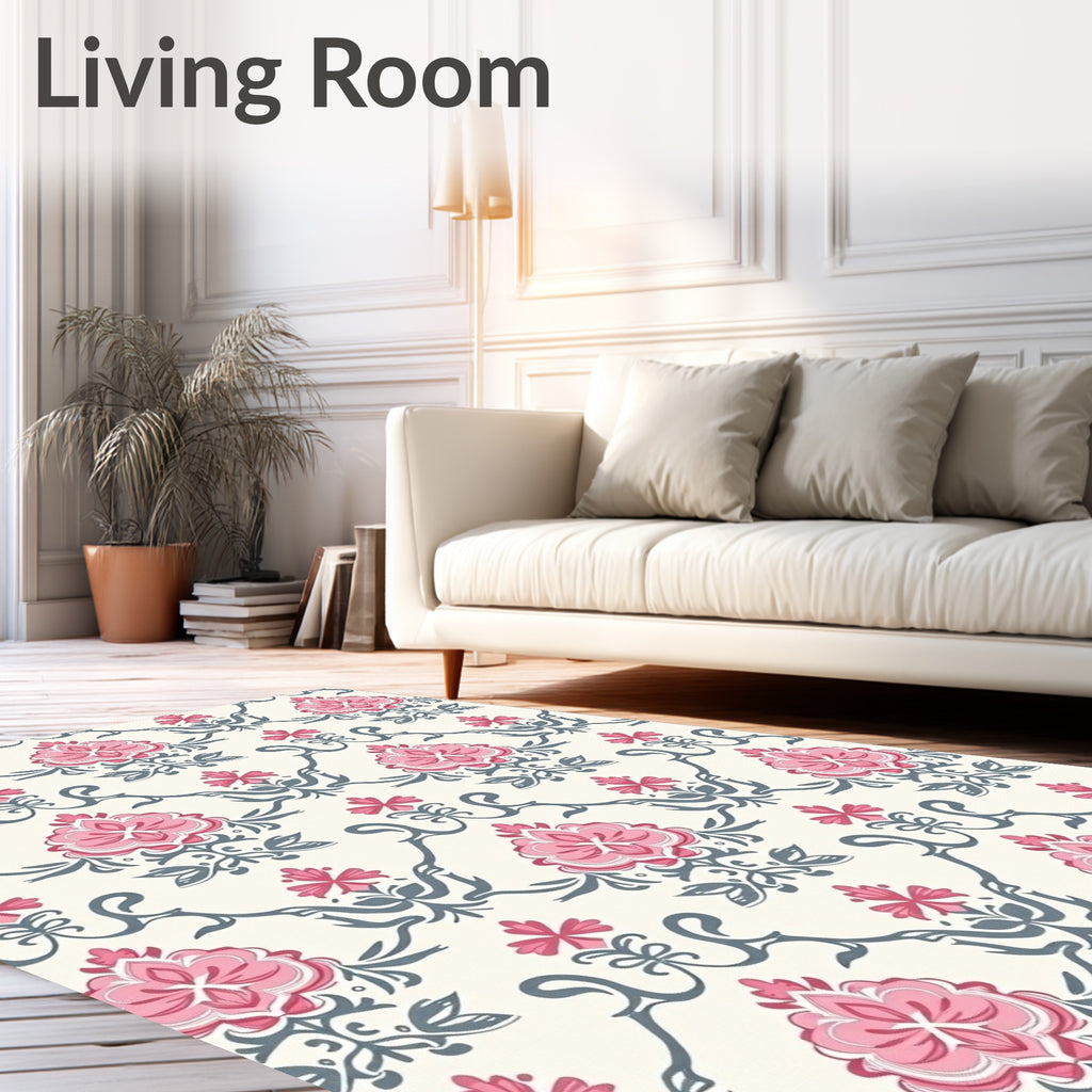 Pink Gray Floral Damask Lattice Rug