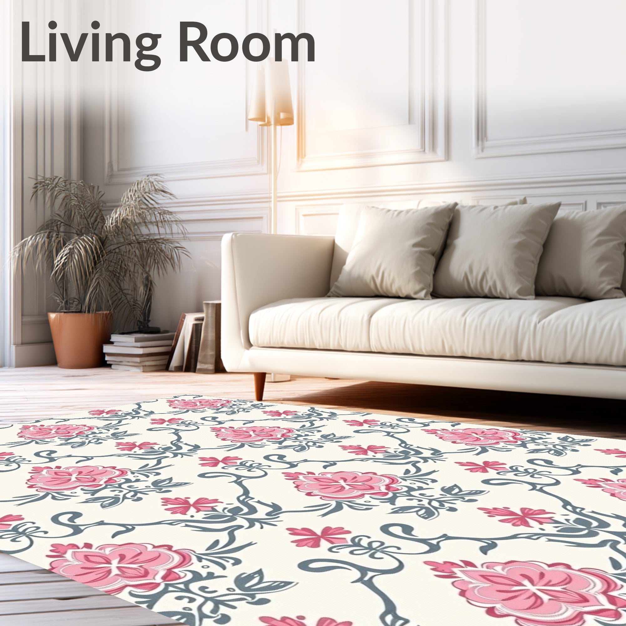 Pink Gray Floral Damask Lattice Rug