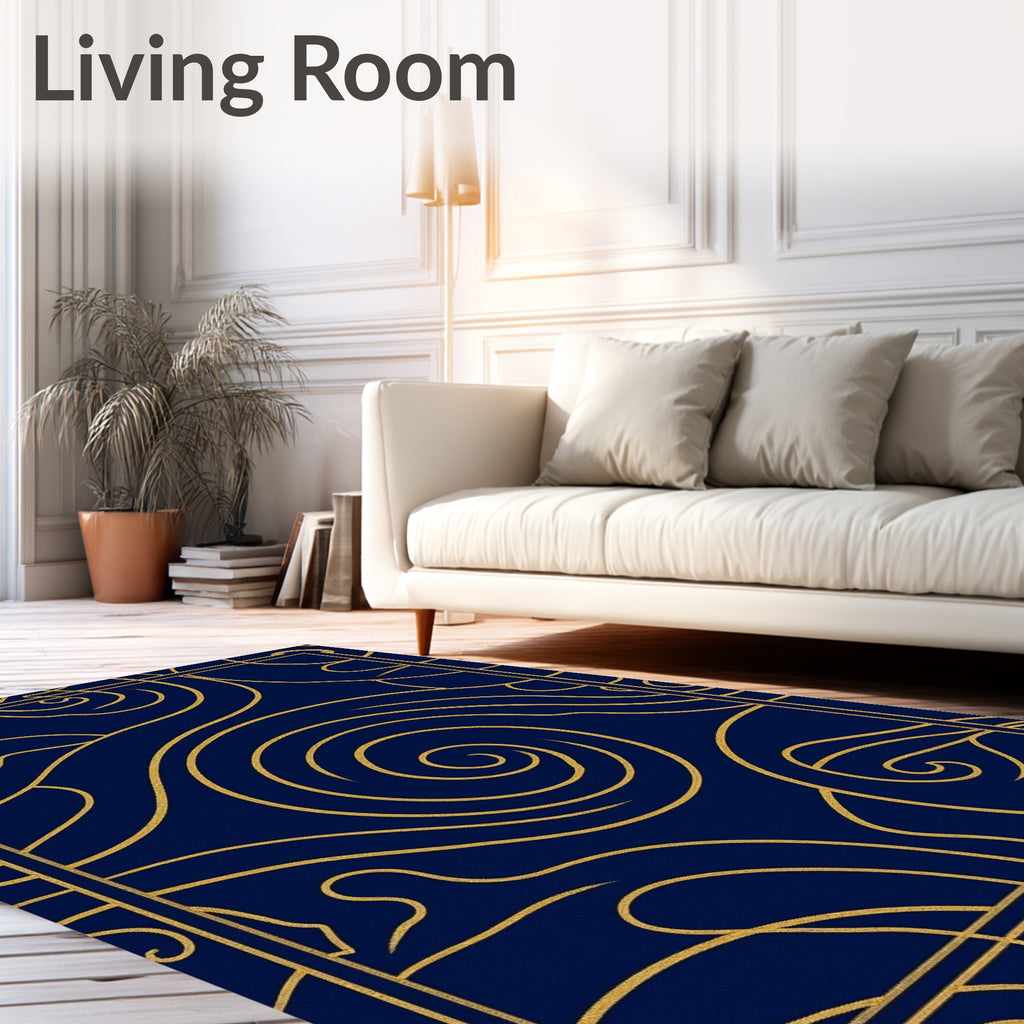 Deep Blue Gold Swirl Art Deco Rug