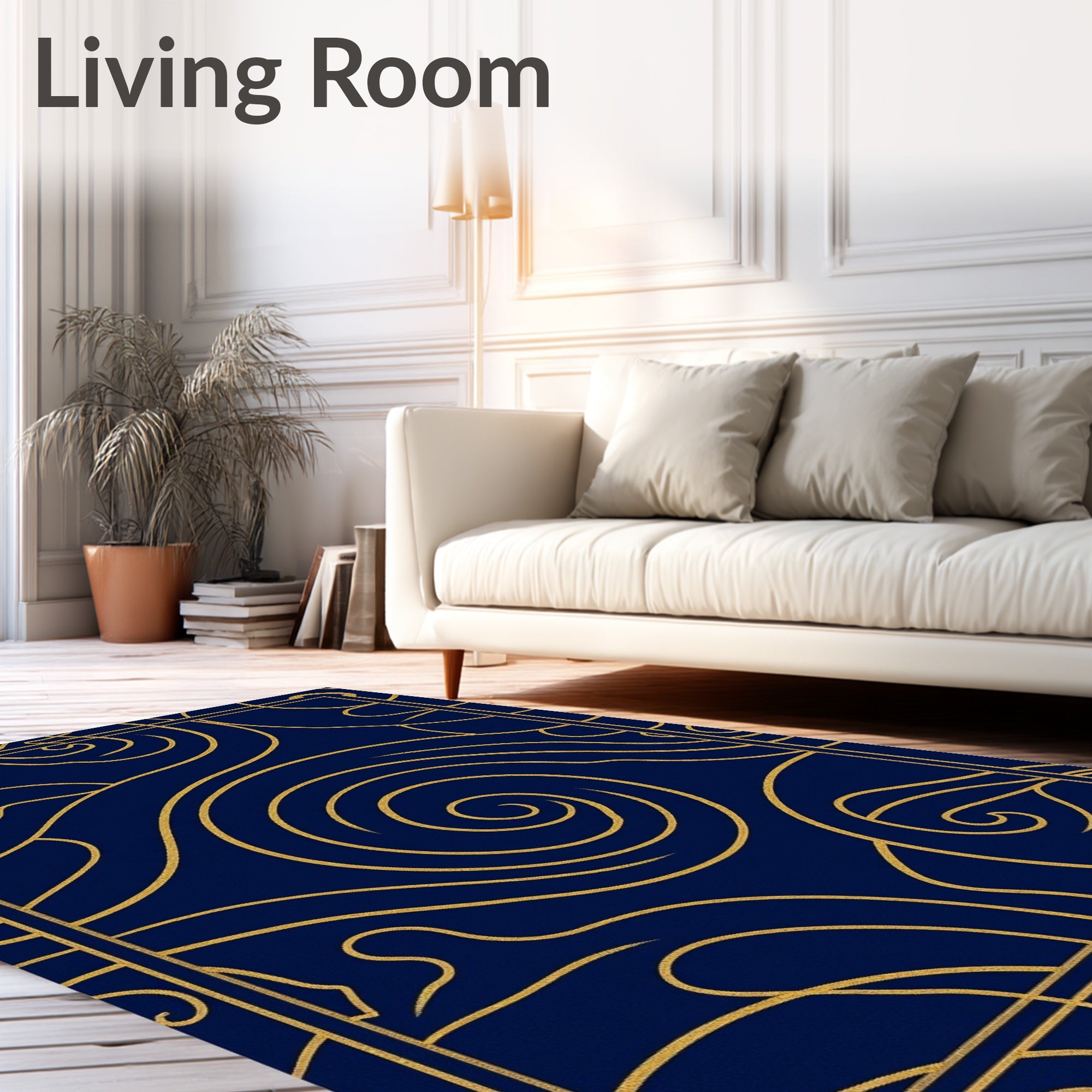 Deep Blue Gold Swirl Art Deco Rug