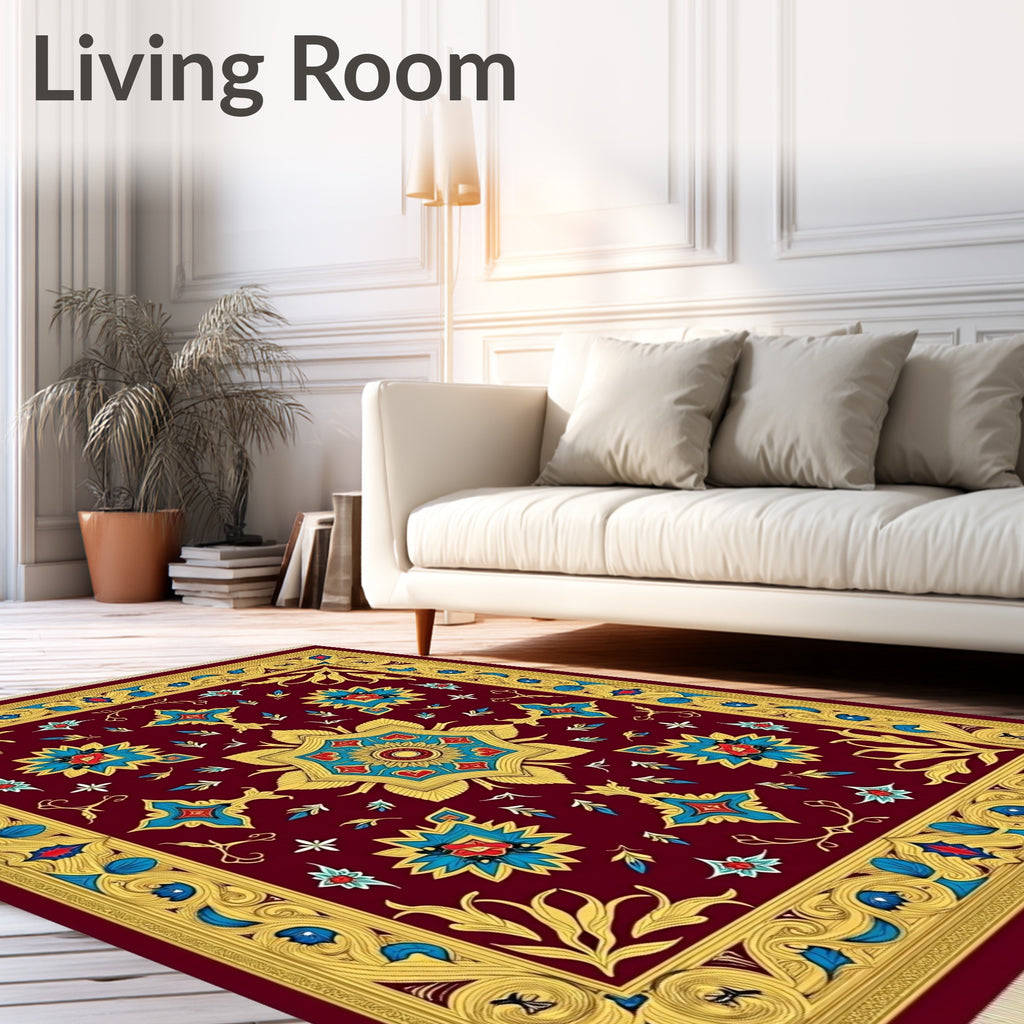 Crimson Gold Blue Floral Medallion Rug