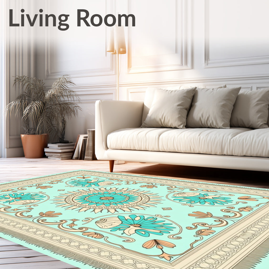 Aqua Coral Floral Mandala Filigree Rug