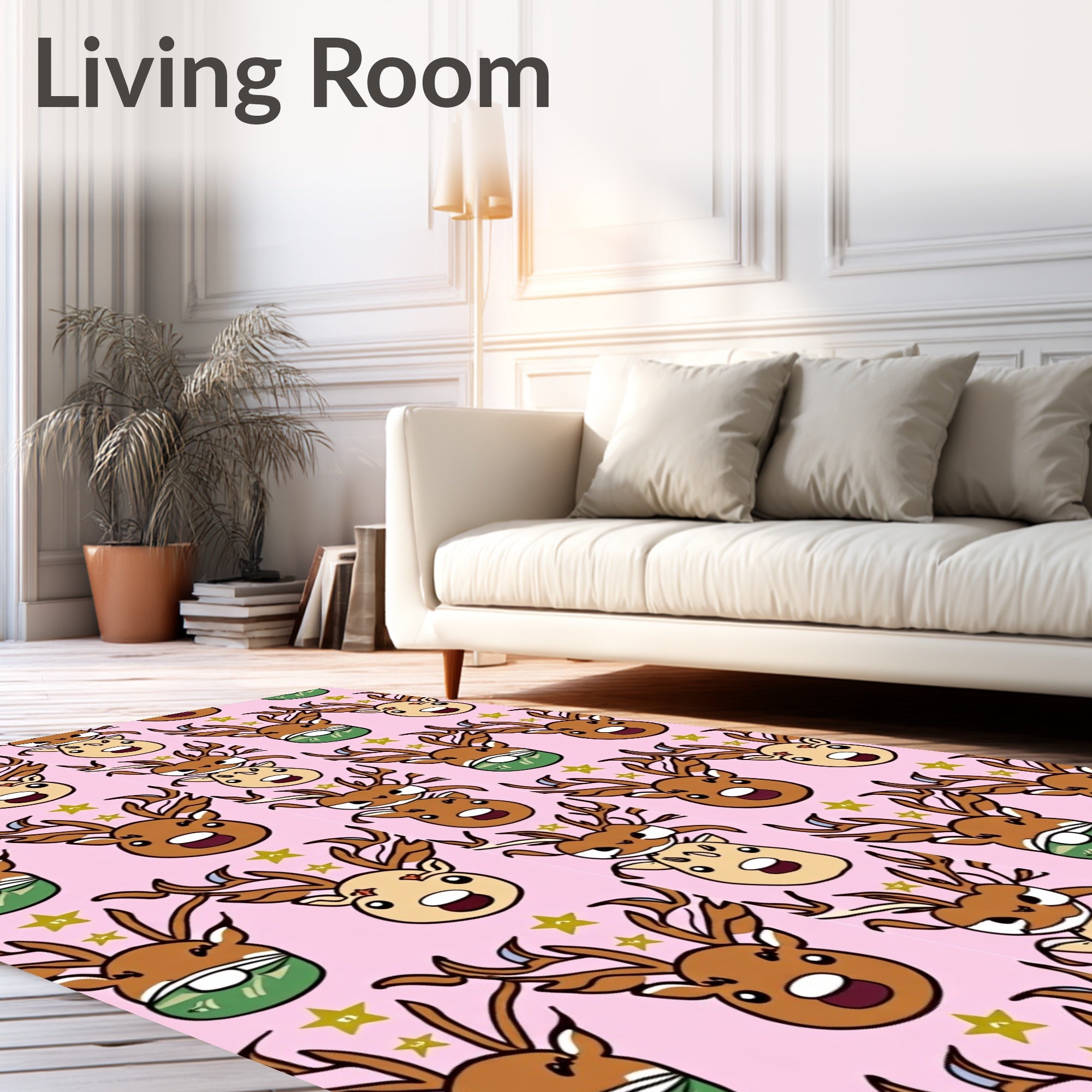 Pink Reindeer Stars Whimsical Holiday Rug