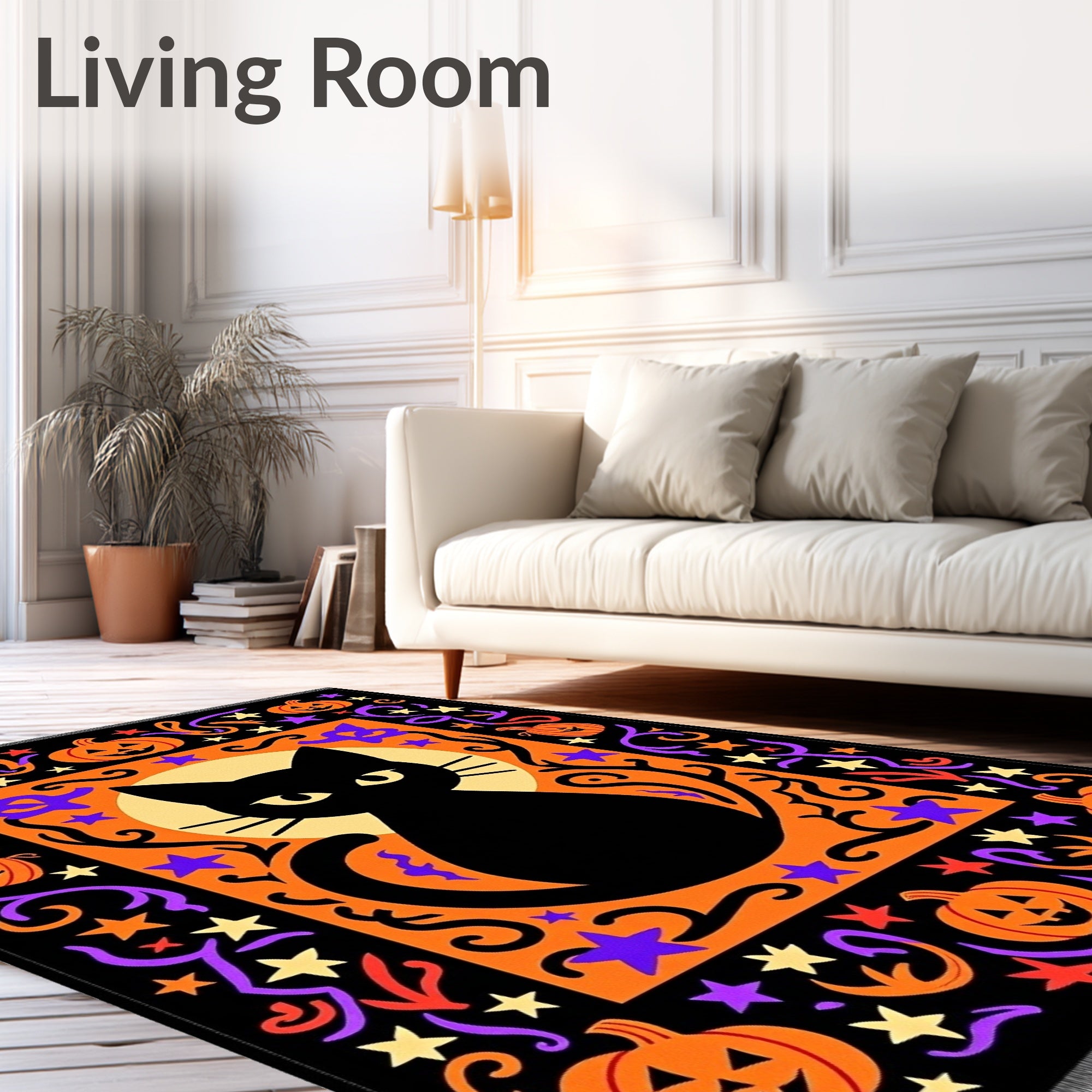 Black Cat Halloween Pumpkin Stars Rug