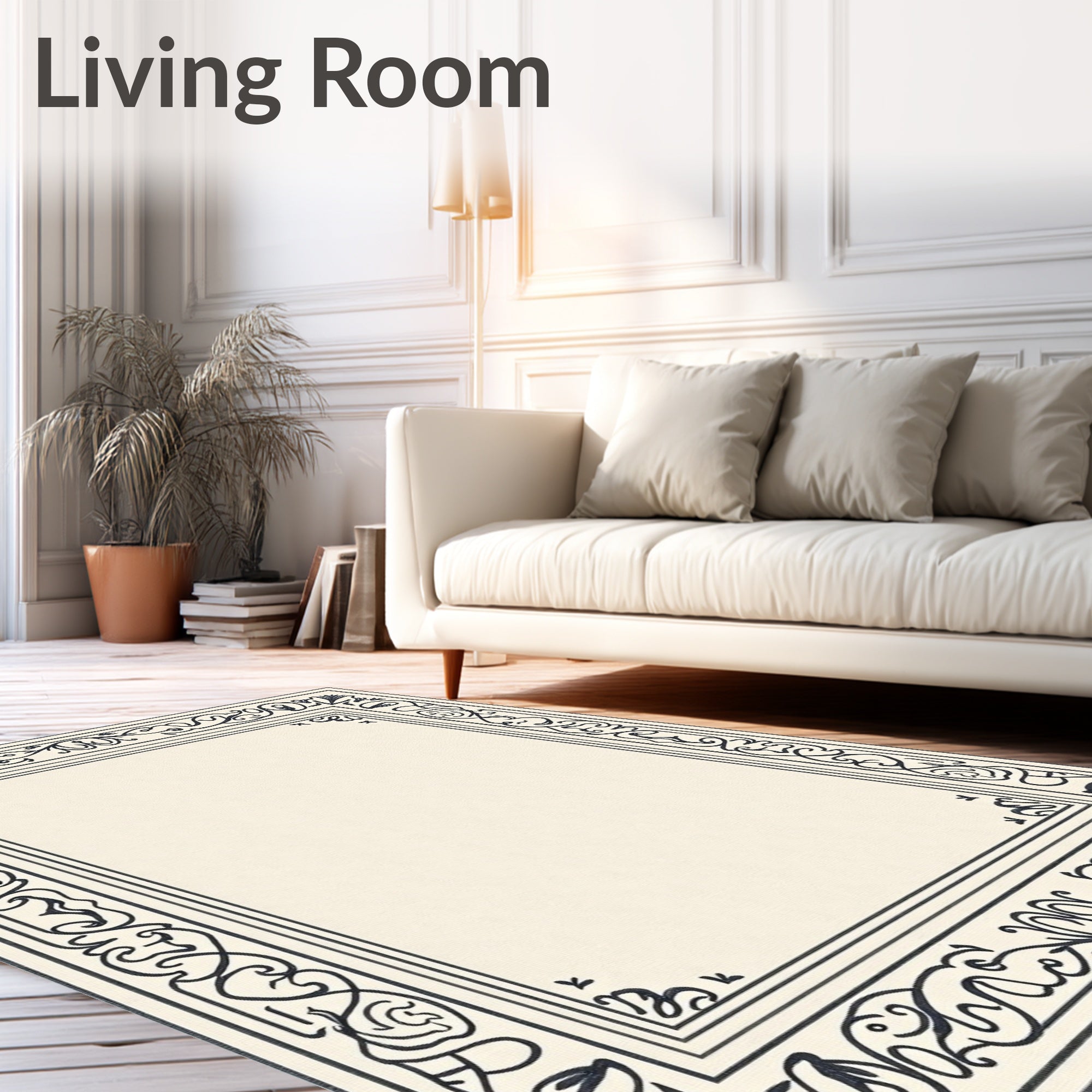 Classic Ivory Black Scroll Border Rug
