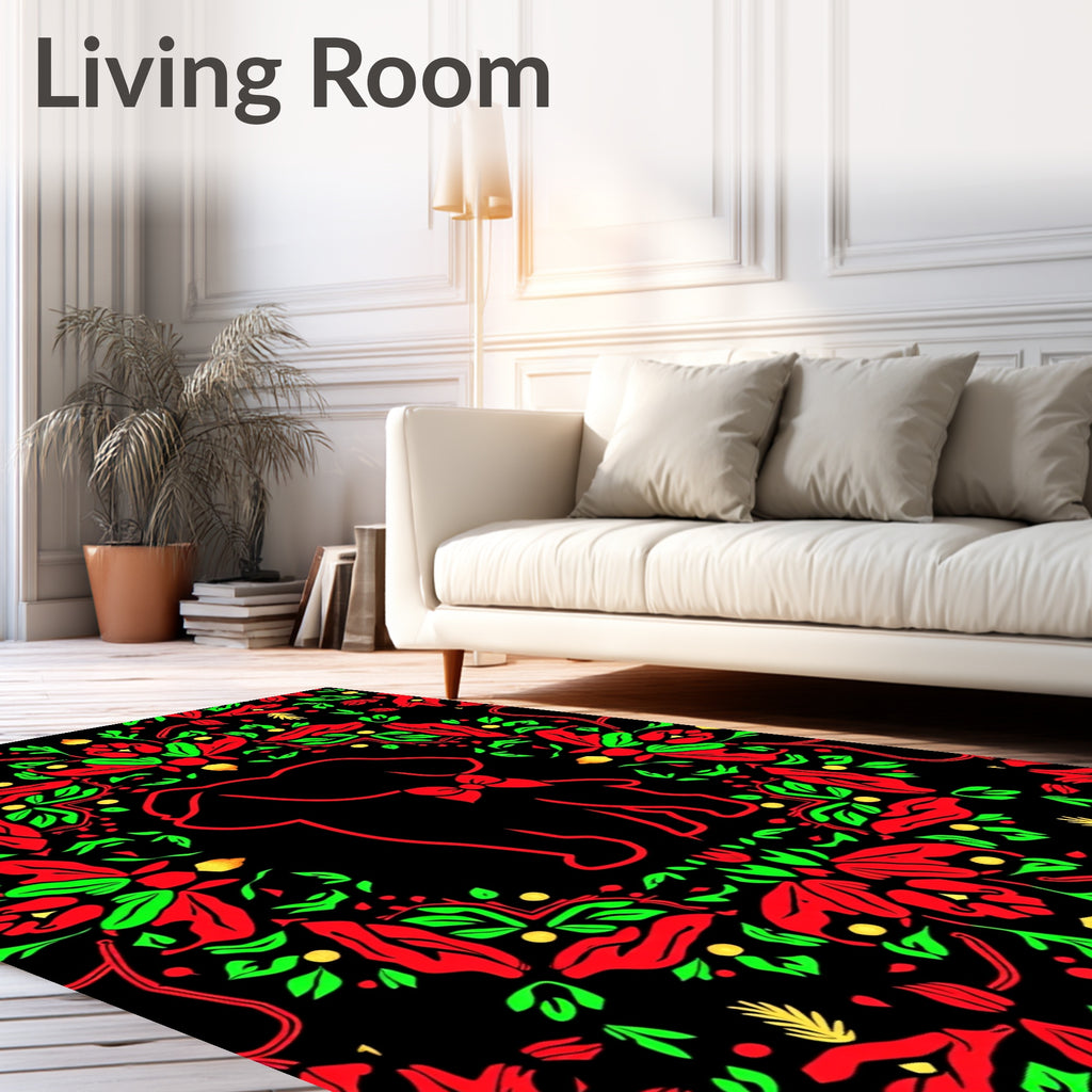 Round Floral Red Green Puppy Motif Rug