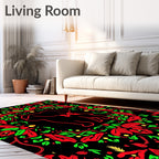 Round Floral Red Green Puppy Motif Rug