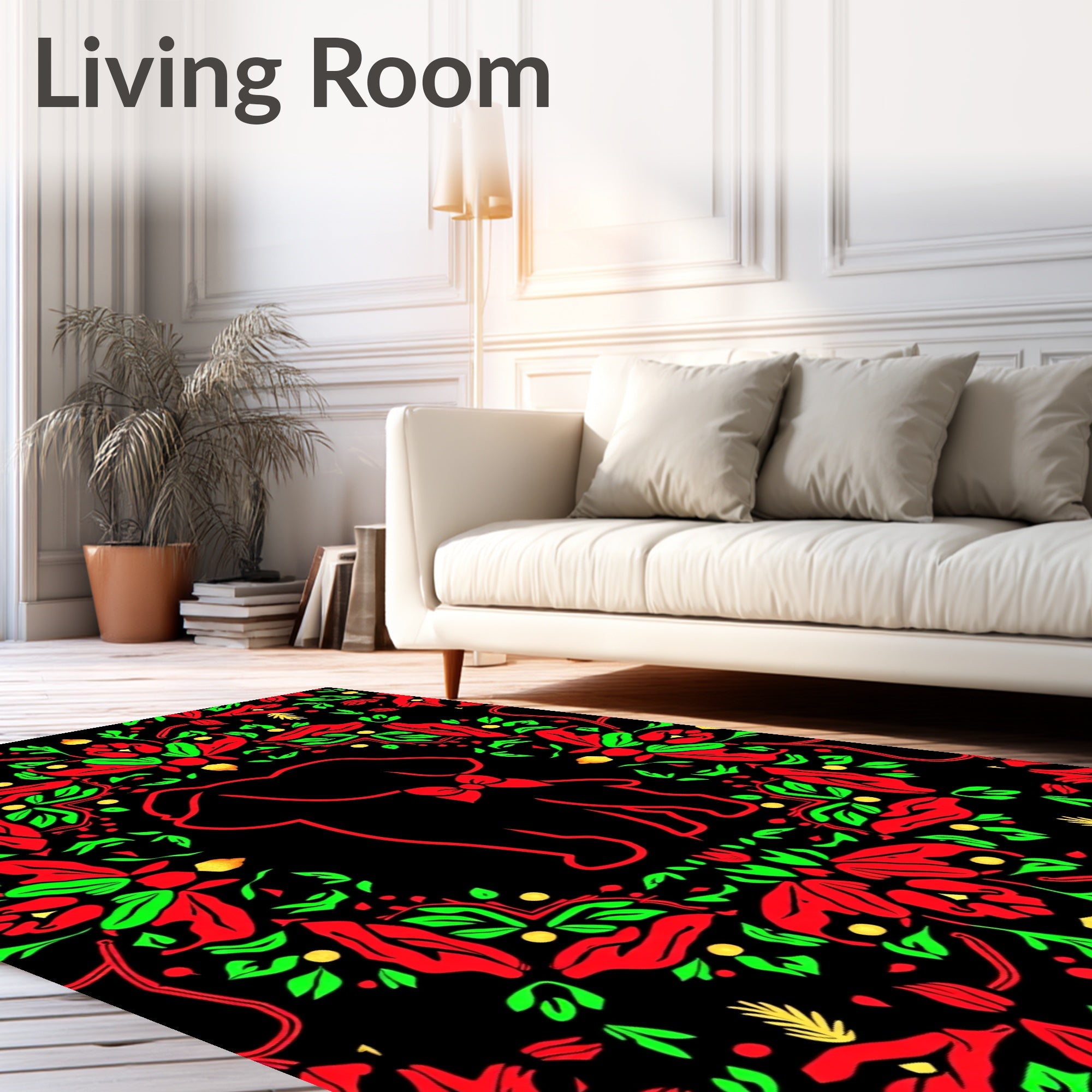 Round Floral Red Green Puppy Motif Rug