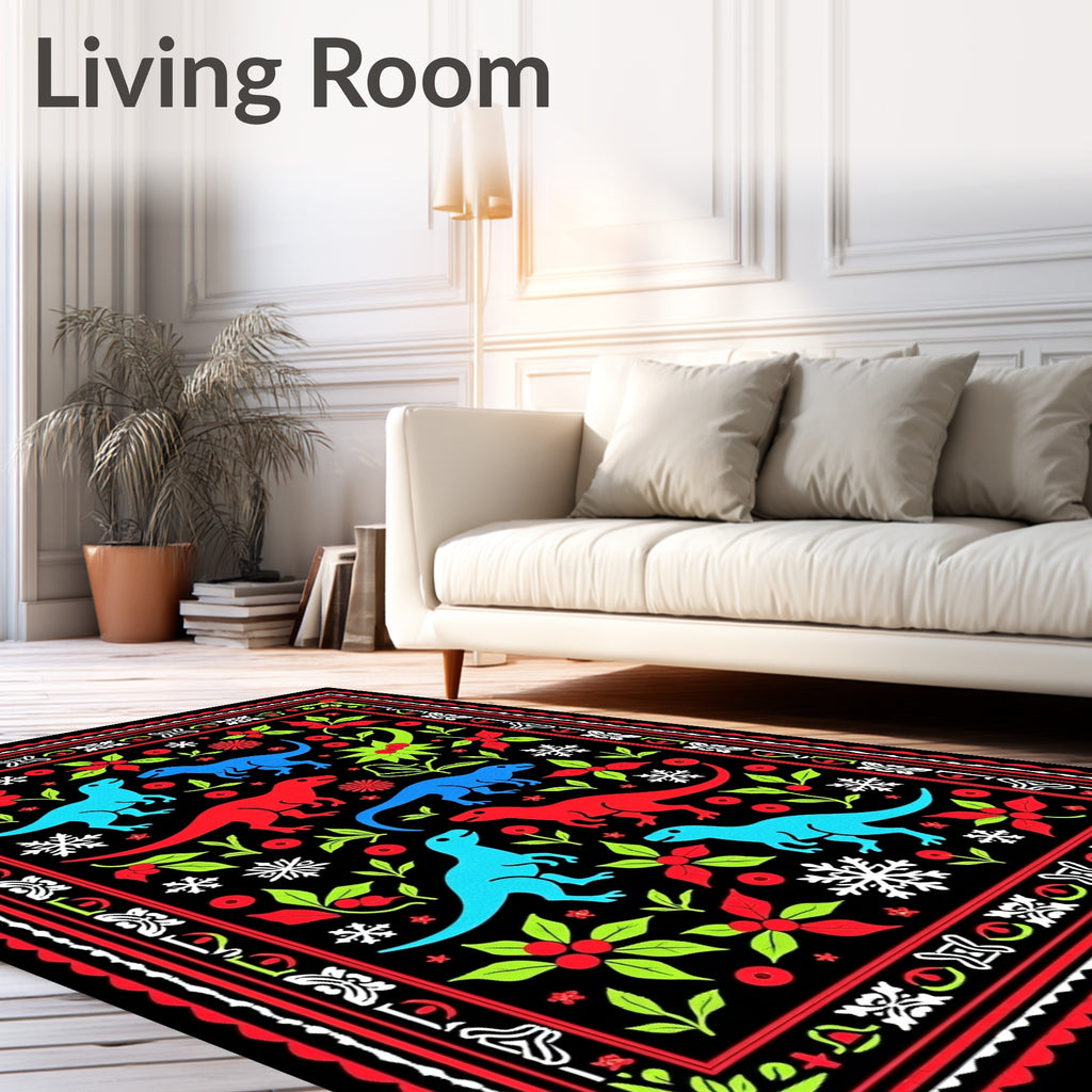 Dinosaurs Red Blue Green Black Border Rug