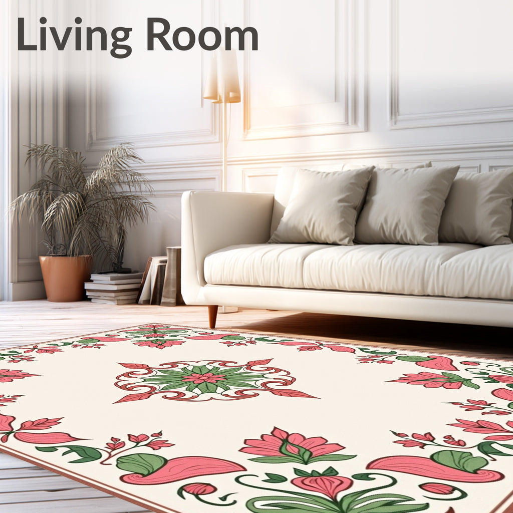Coral Pink Green Floral Medallion Rug