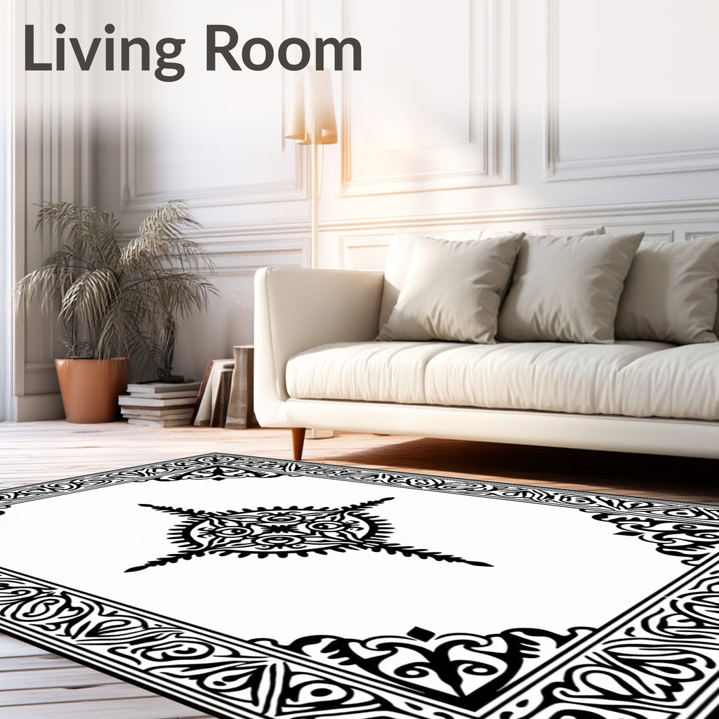 Ornate Black White Interlaced Border Design Rug