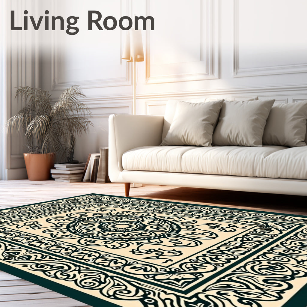 Dark Green Ornate Floral Mandala Rug