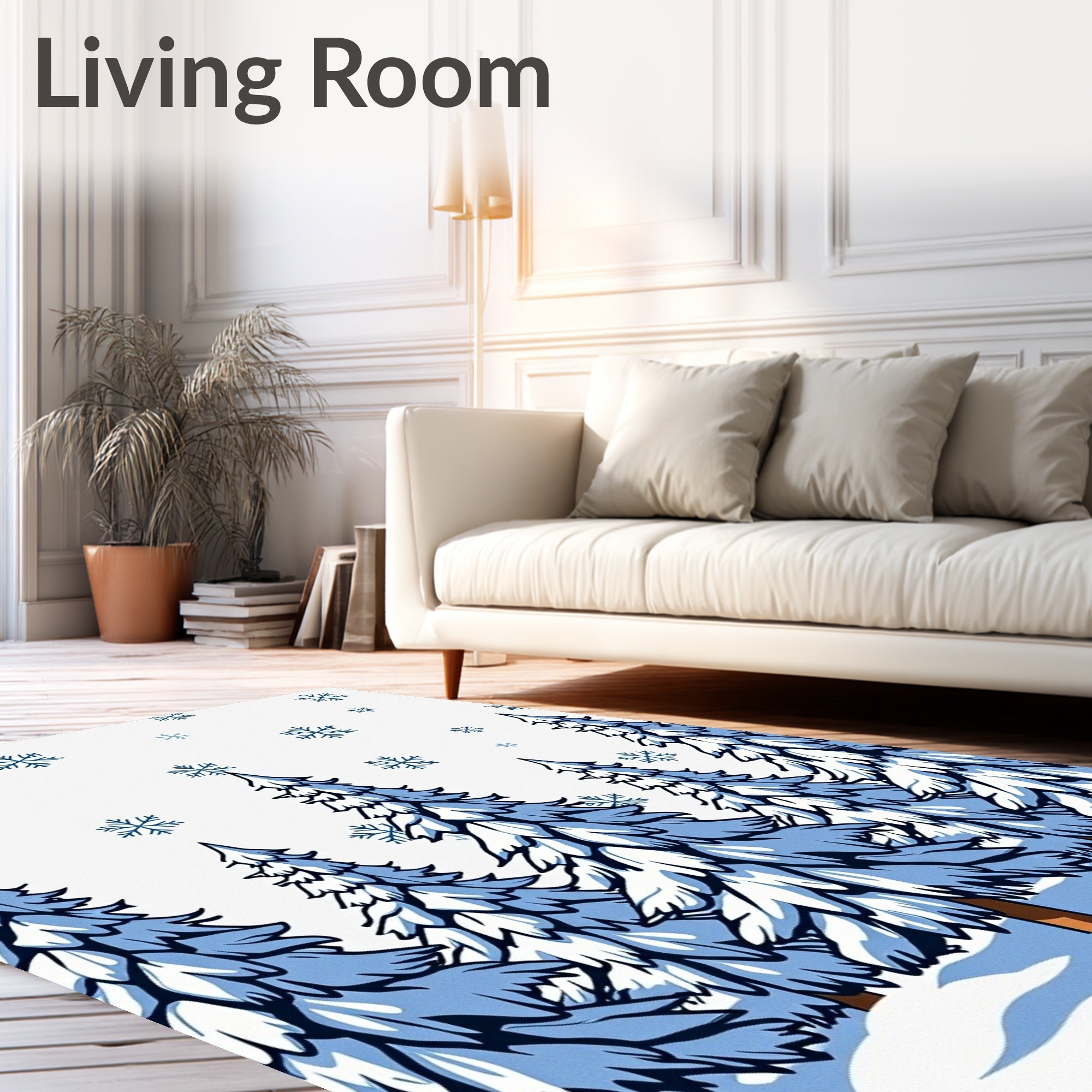 Snowy Blue Pine Forest Snowflakes Rug