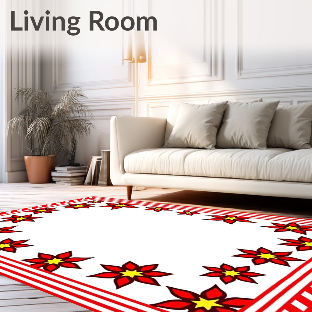 Bold Red Starburst Floral Border Rug