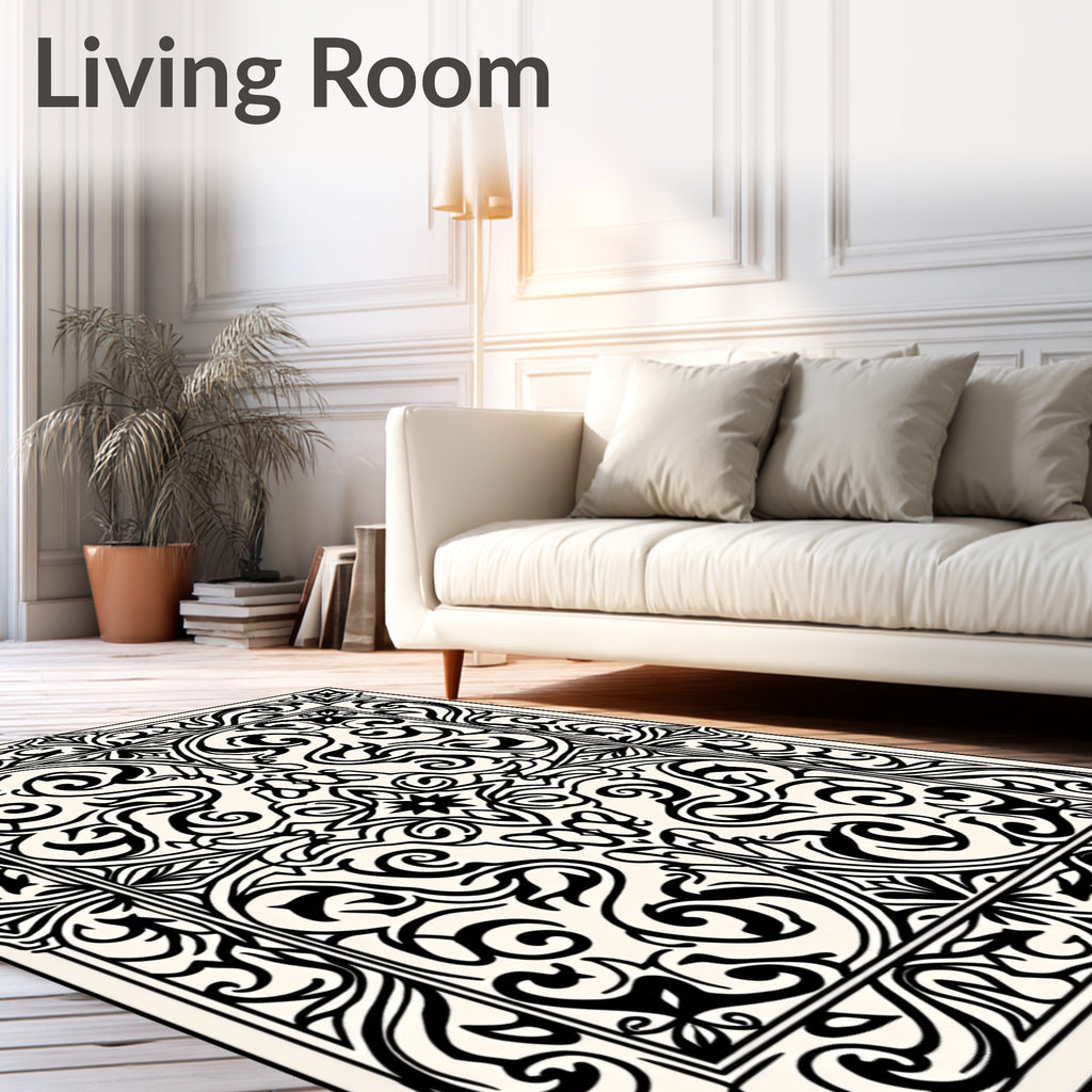 Ornate Black and Cream Scrollwork Rug