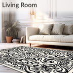 Ornate Black and Cream Scrollwork Rug