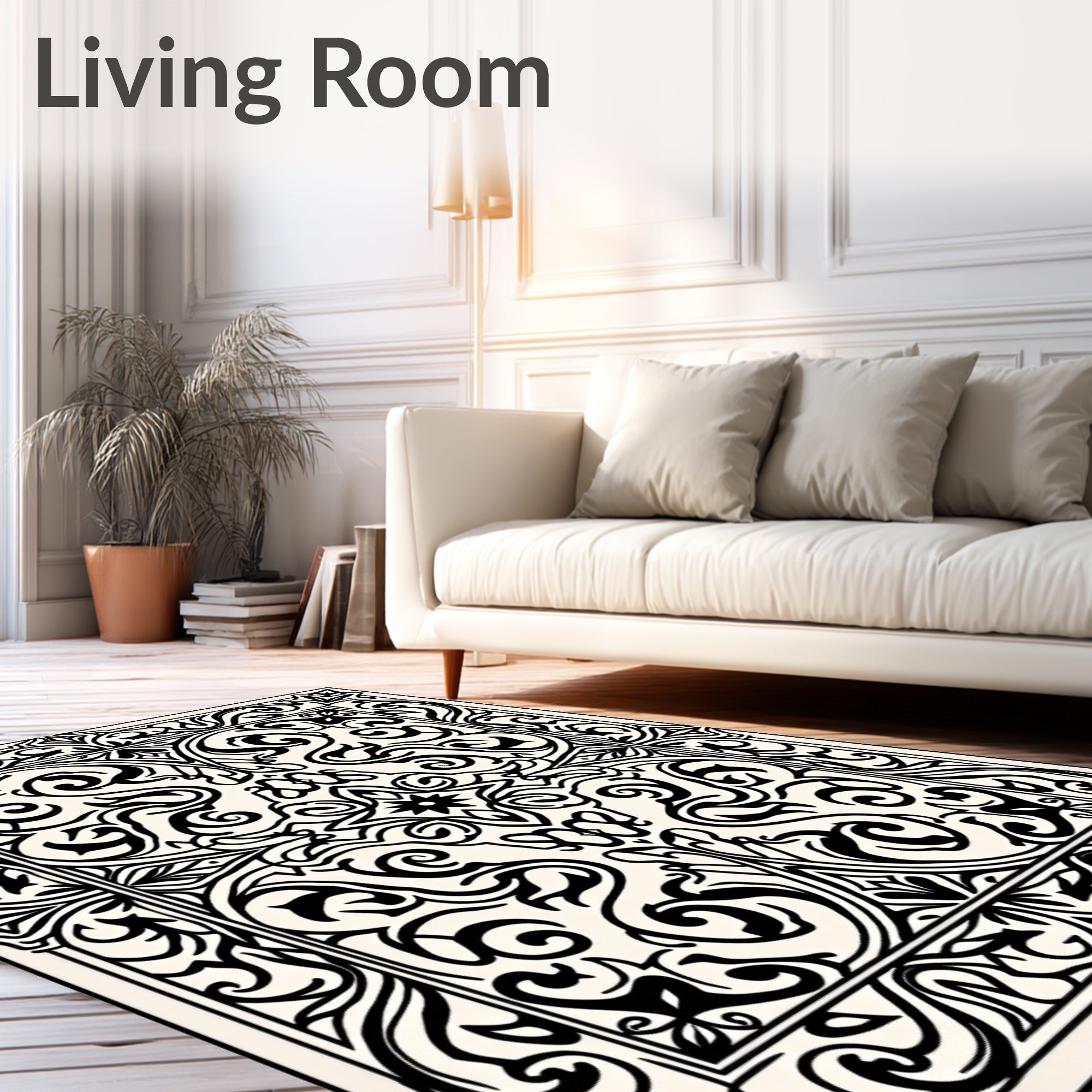 Ornate Black and Cream Scrollwork Rug