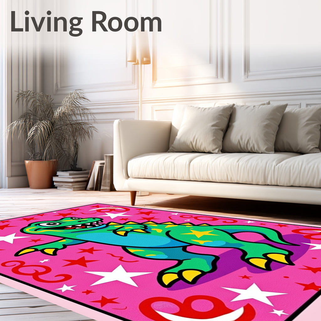 Playful Green Dinosaur Pink Star Rug