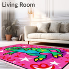 Playful Green Dinosaur Pink Star Rug