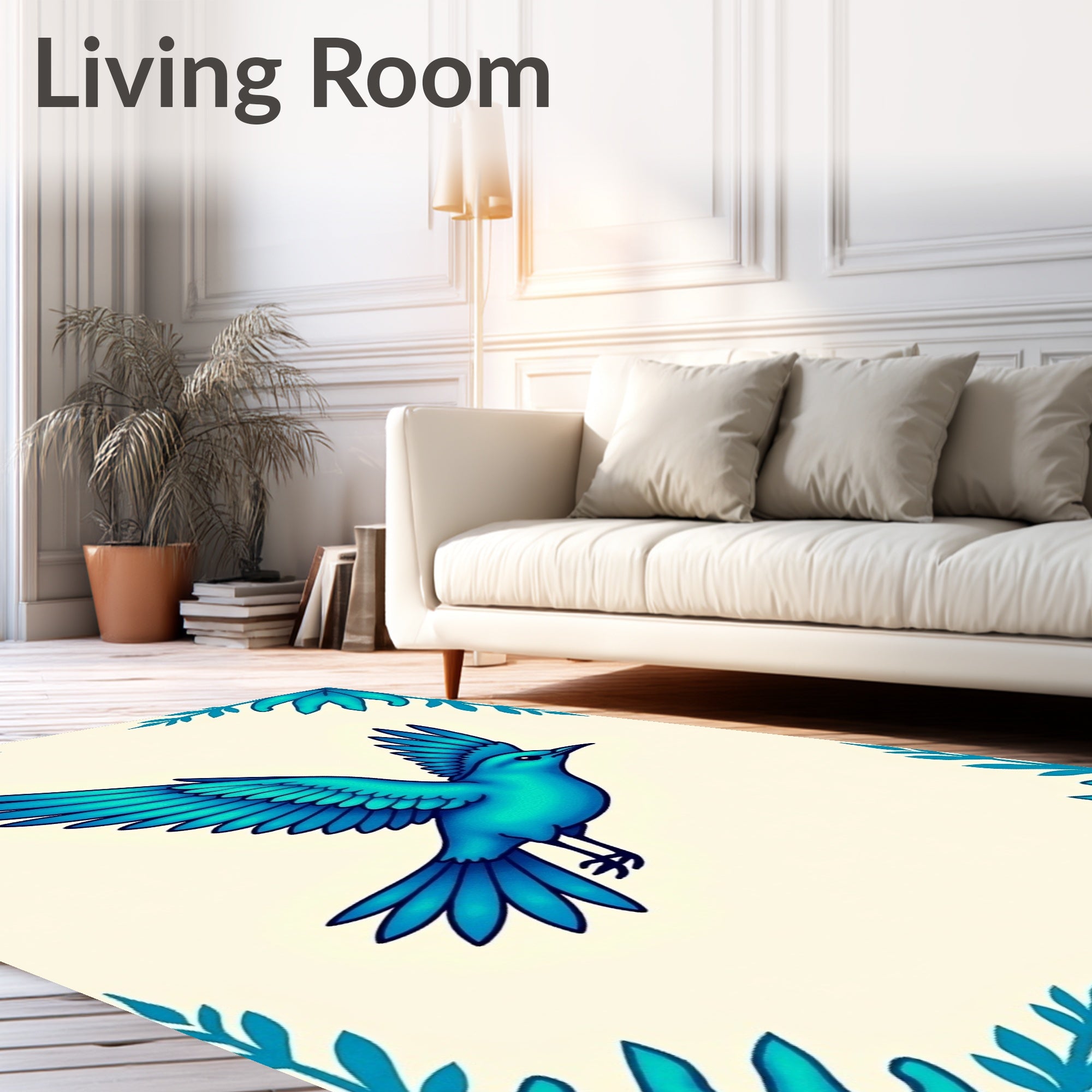Vibrant Blue Bird Floral Accent Rug