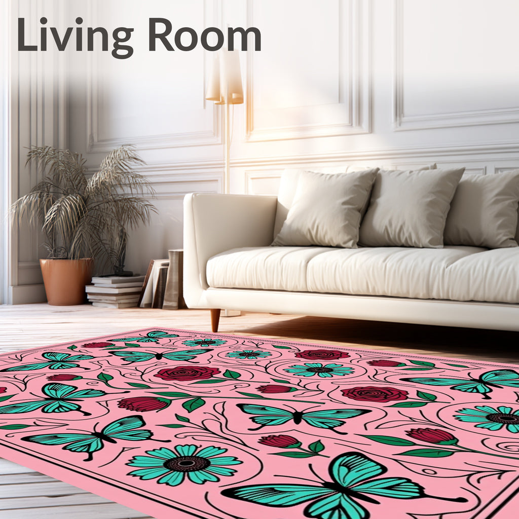 Pink Turquoise Butterfly Rose Garden Rug