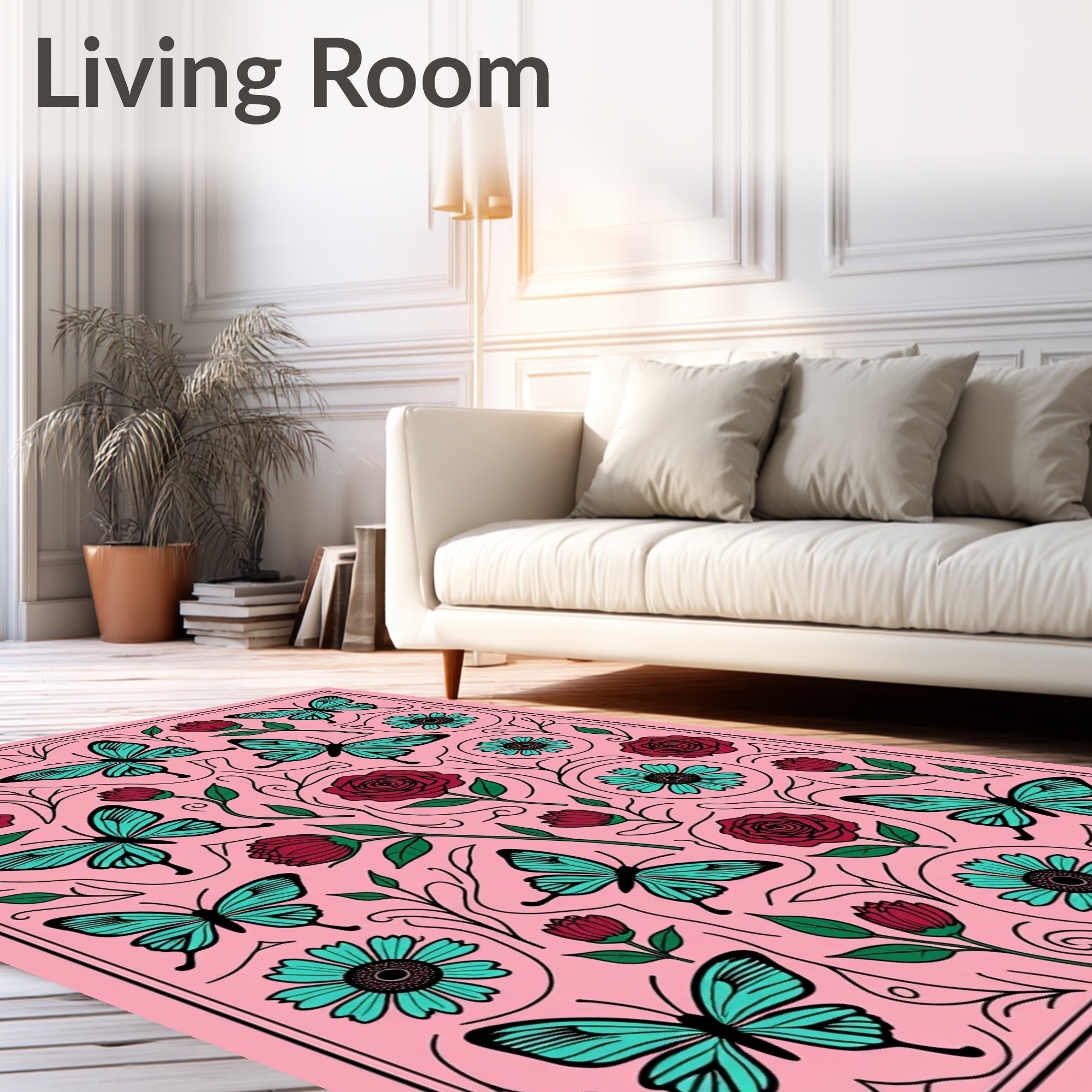 Pink Turquoise Butterfly Rose Garden Rug