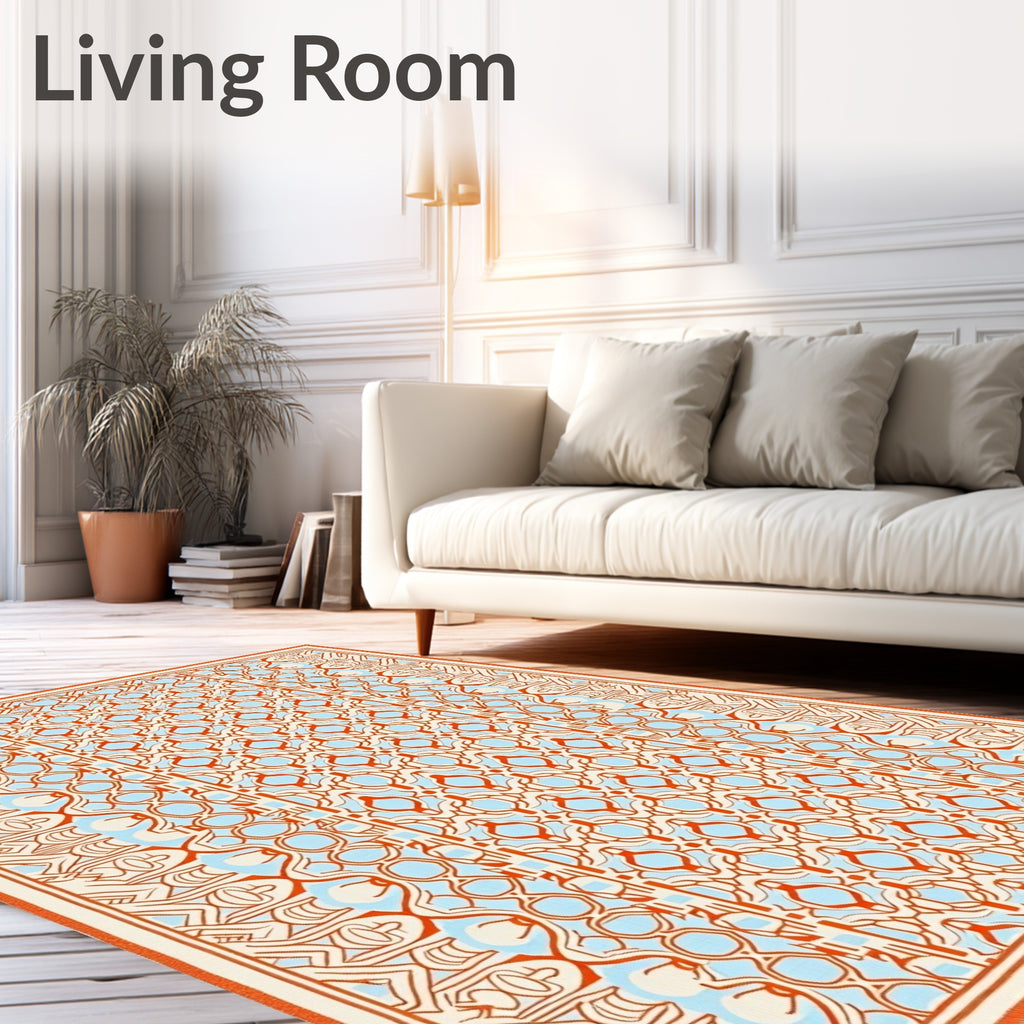 Orange Blue Geometric Lattice Frame Rug