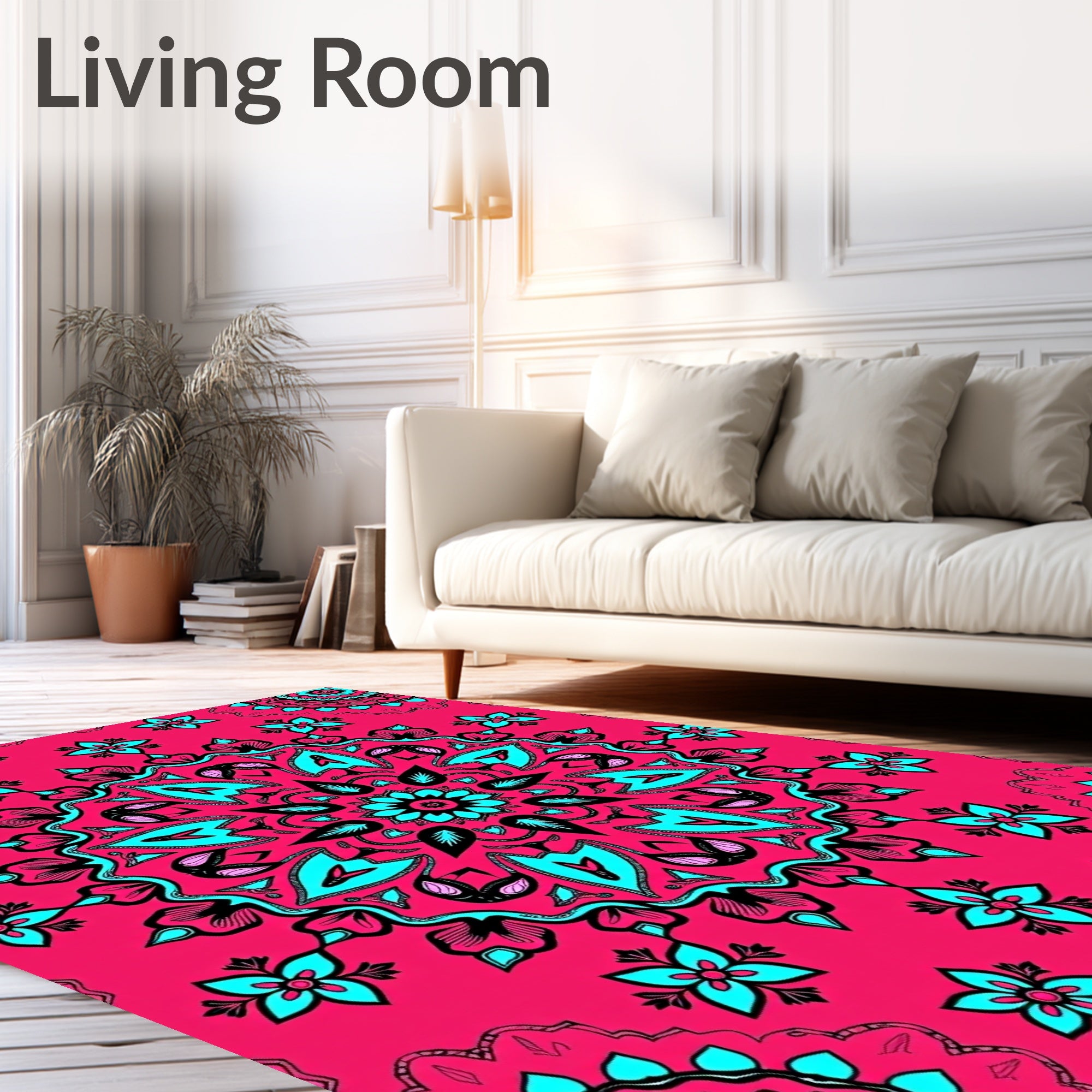 Vibrant Teal Floral Mandala Rug