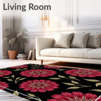 Deep Red Floral Black Background Accent Rug