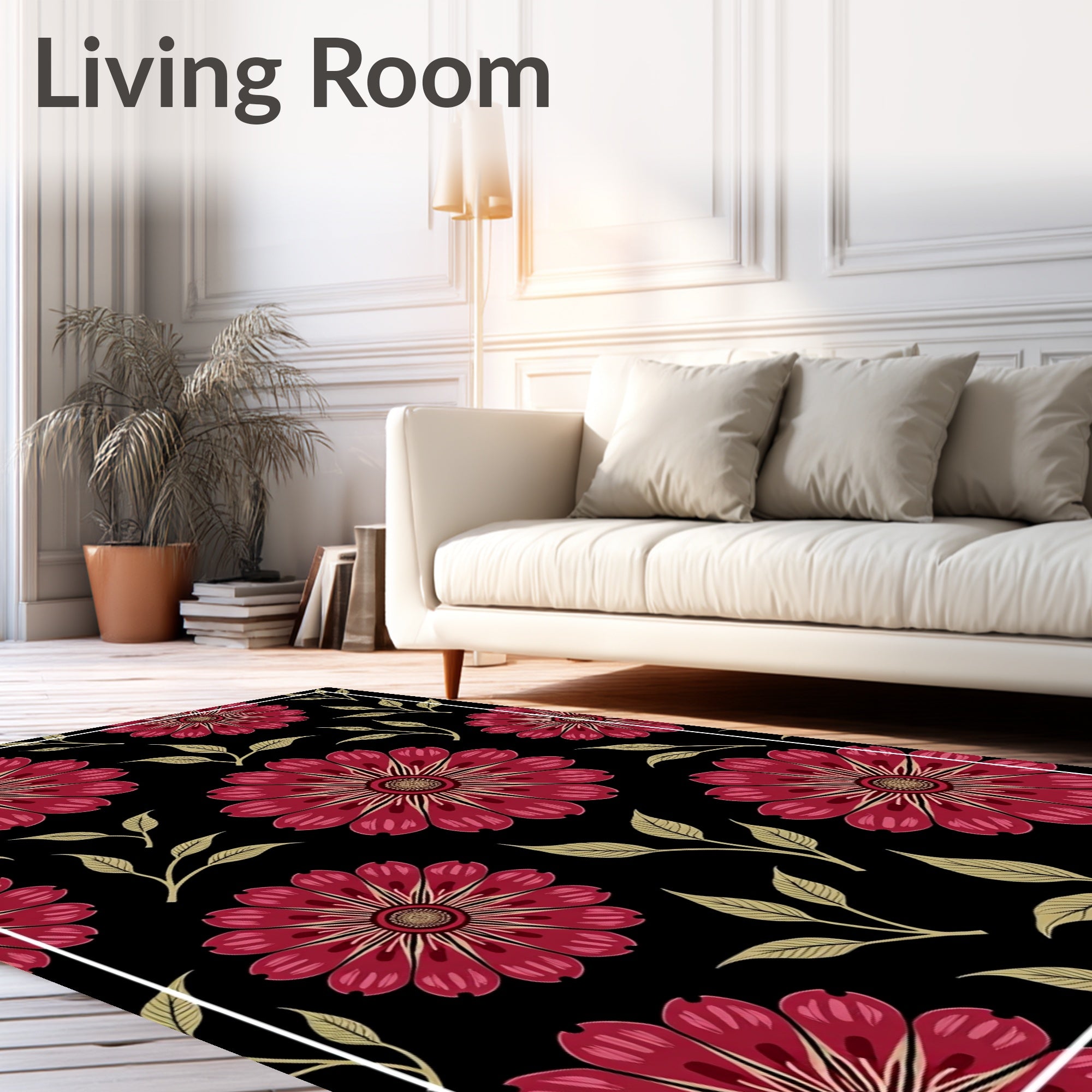 Deep Red Floral Black Background Accent Rug
