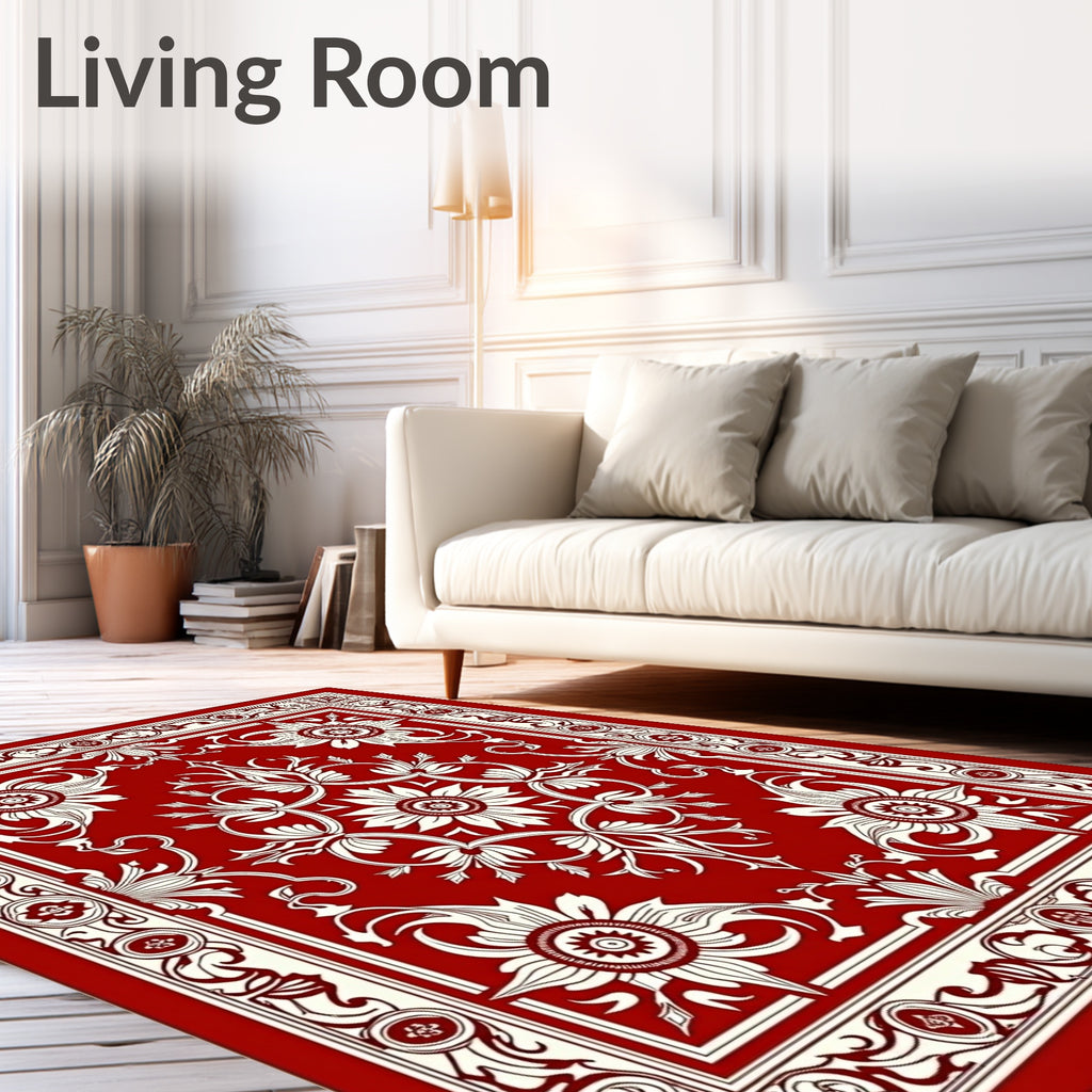 Red Cream Floral Scroll Border Rug