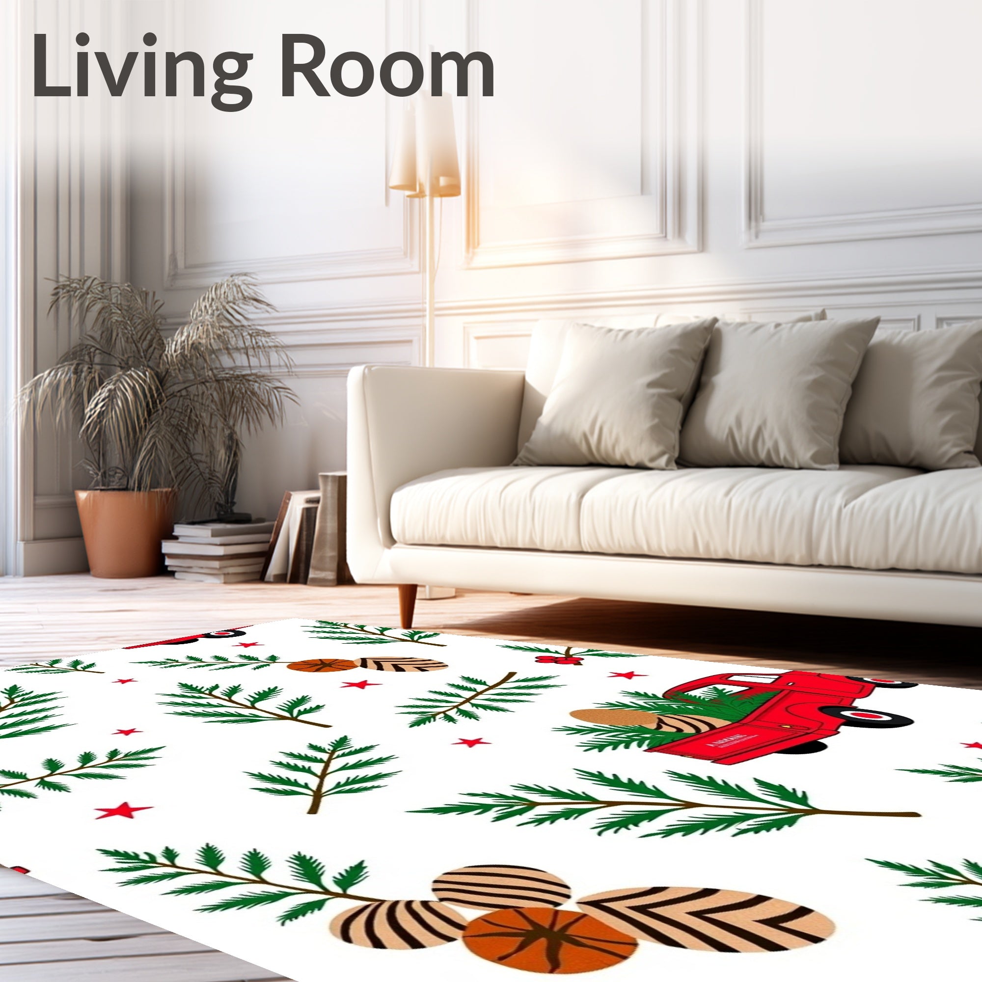 Red Truck Pine Branch Holiday Eggs Rug
