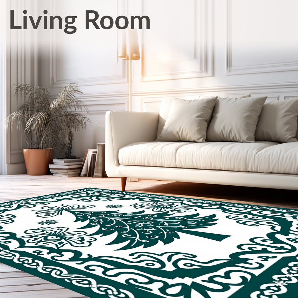 Teal Christmas Tree Ornate Frame Rug