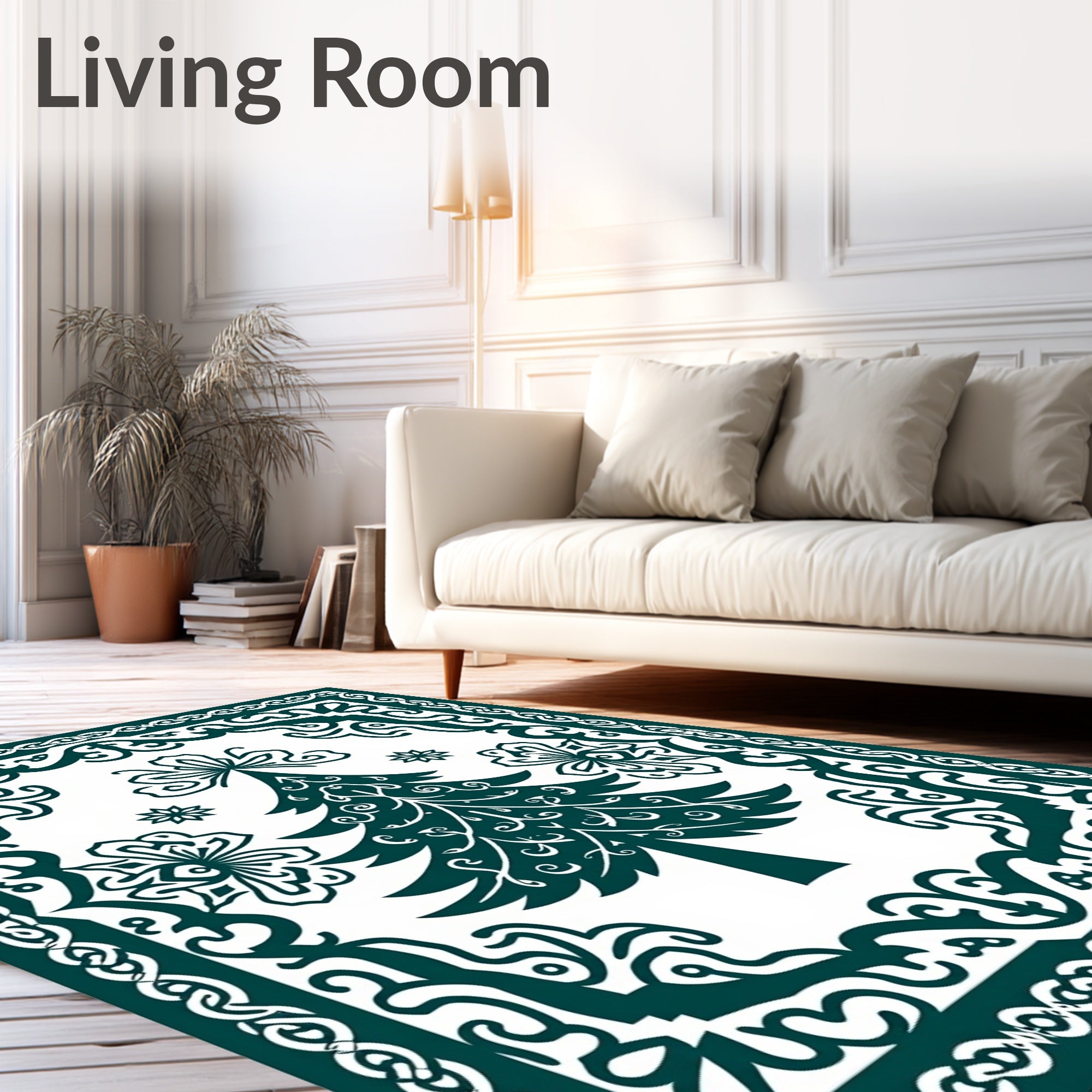 Teal Christmas Tree Ornate Frame Rug