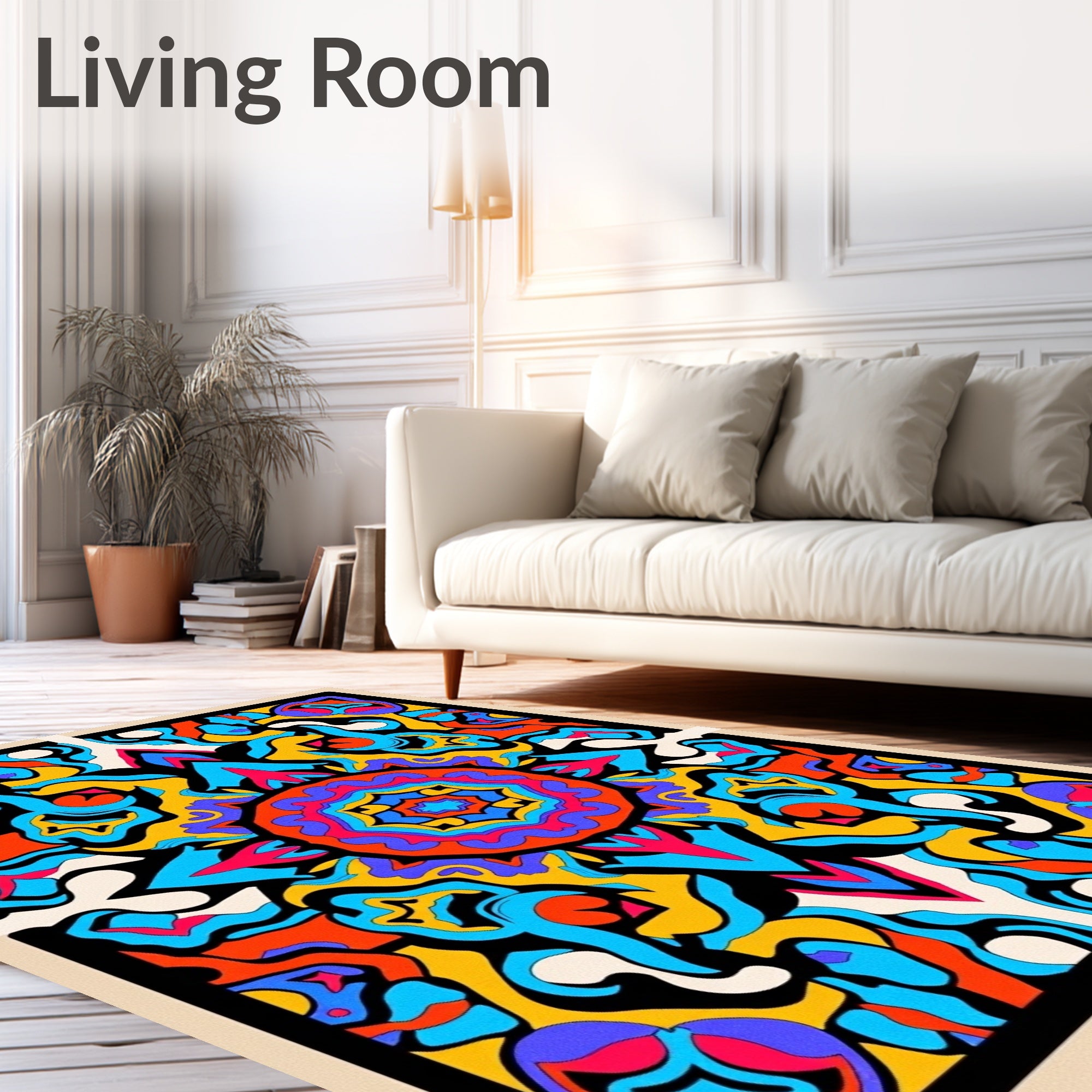 Vibrant Psychedelic Sunburst Mandala Rug