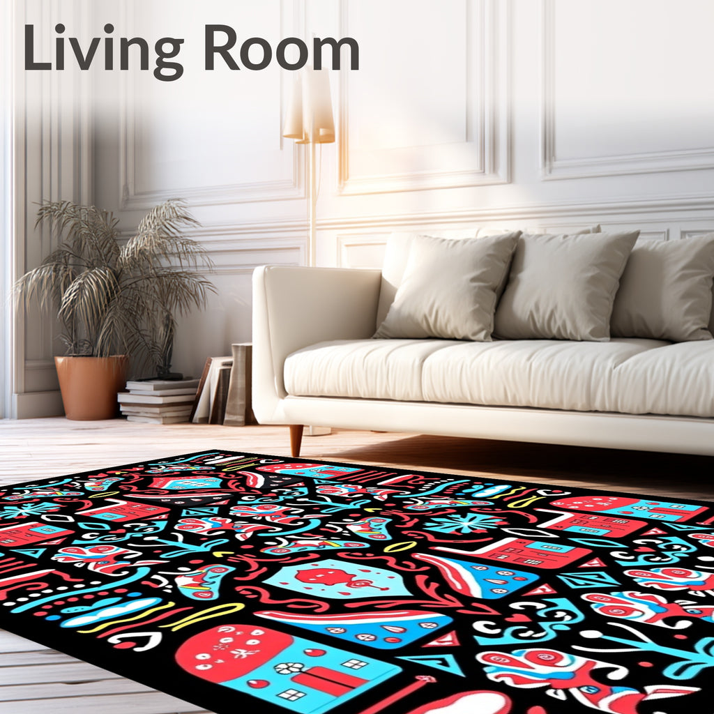 Whimsical Red Blue Houses Symmetry Rug