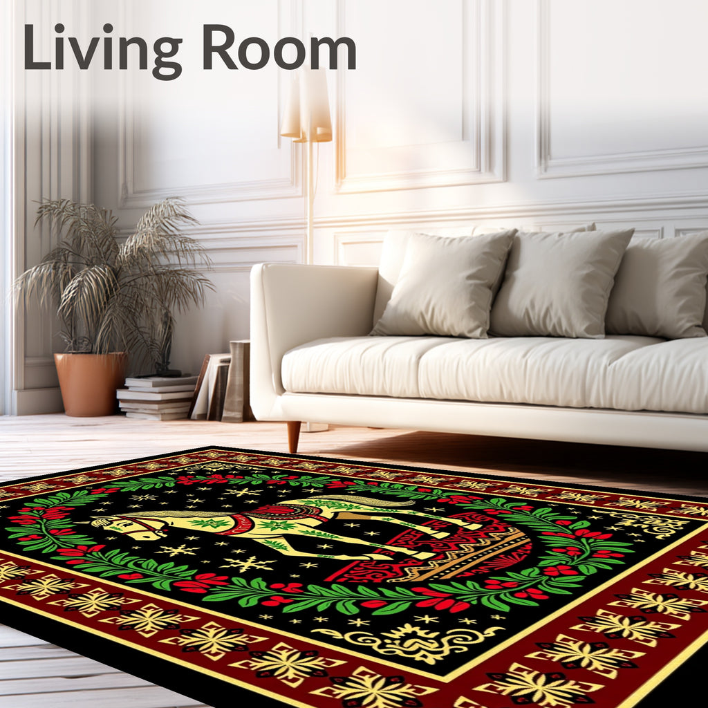 Golden Horse Floral Wreath Festive Rug